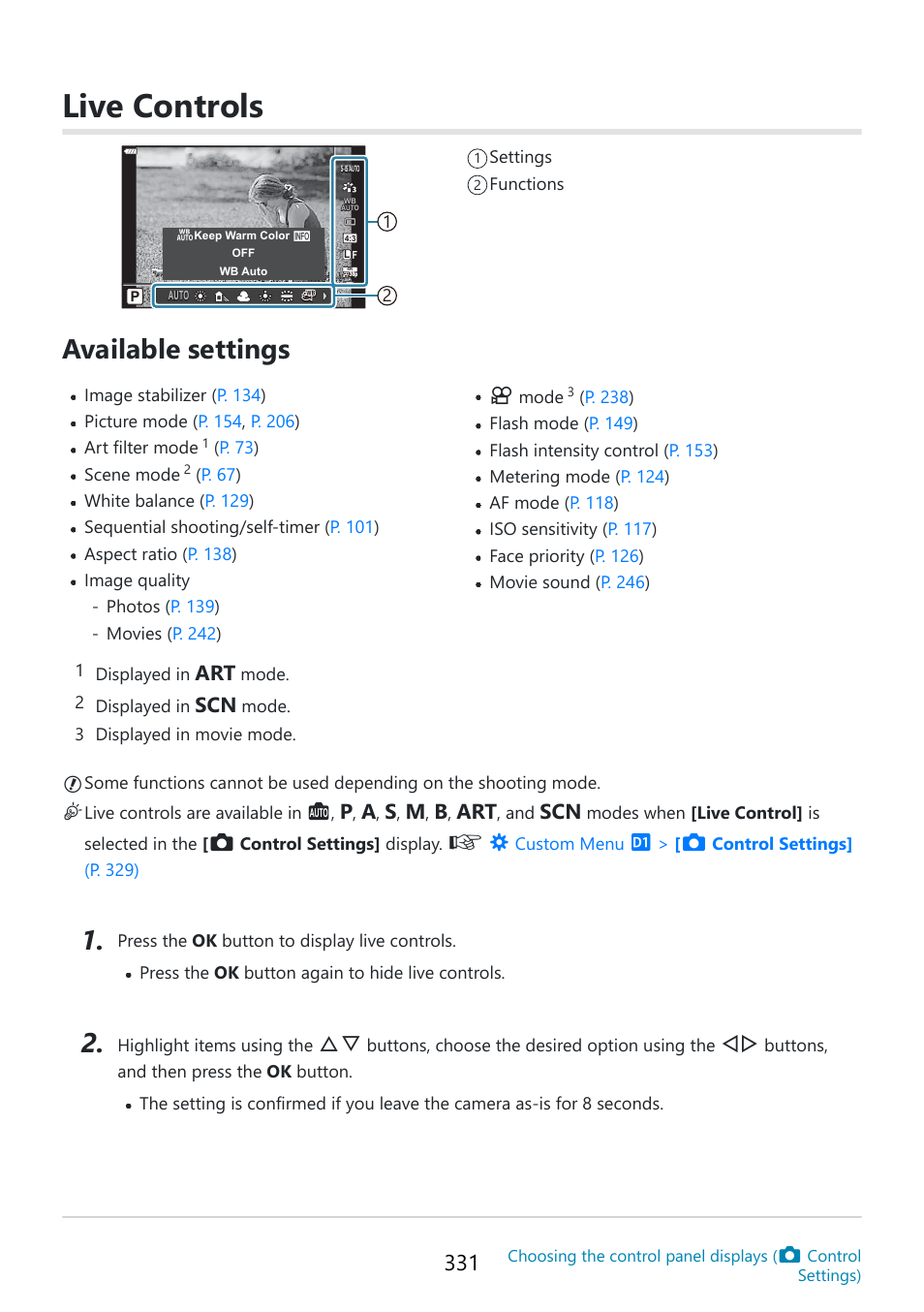 Live controls, Our subject in the display, P. 331 | Available settings | OM SYSTEM OM-5 Mirrorless Camera with 12-45mm f/4 PRO Lens (Silver) User Manual | Page 331 / 467