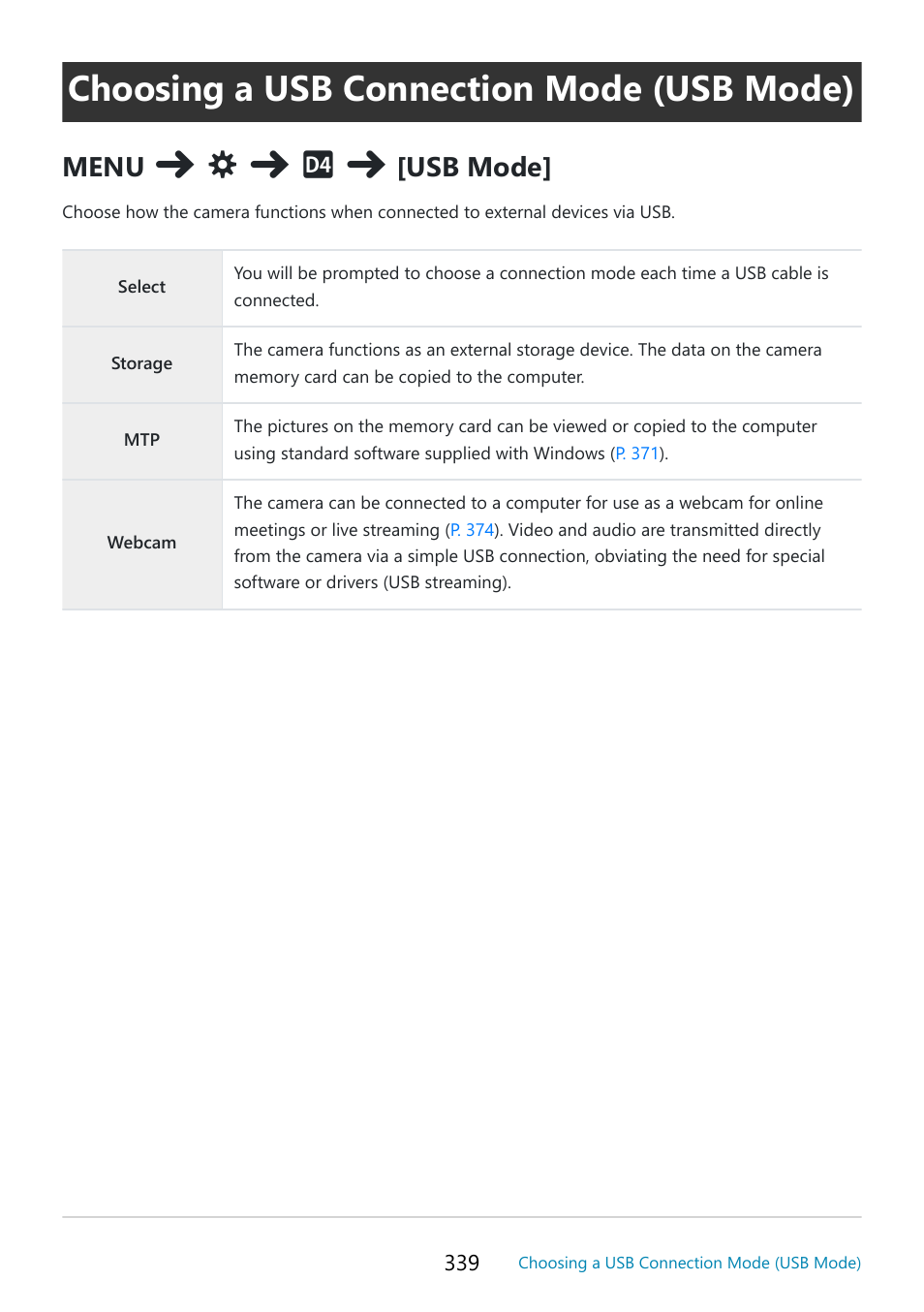 Choosing a usb connection mode (usb mode), P. 339, Menu | Usb mode | OM SYSTEM OM-5 Mirrorless Camera with 12-45mm f/4 PRO Lens (Silver) User Manual | Page 339 / 467