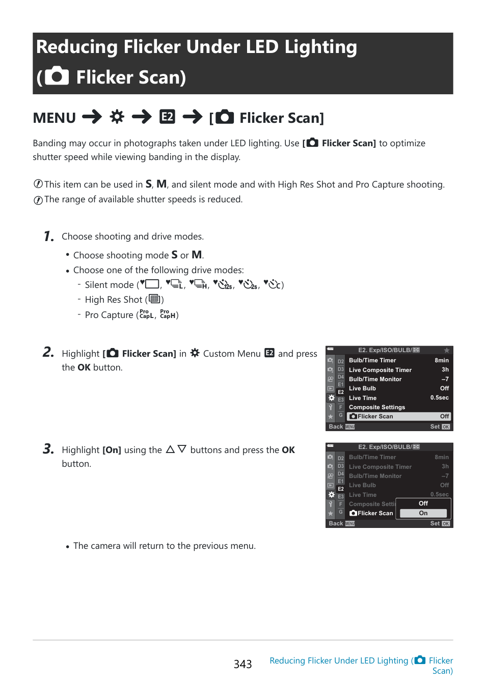 Reducing flicker under led lighting, Flicker scan), P. 343 | Flicker scan)” (p. 343), Er under led lighting, Menu, Flicker scan | OM SYSTEM OM-5 Mirrorless Camera with 12-45mm f/4 PRO Lens (Silver) User Manual | Page 343 / 467