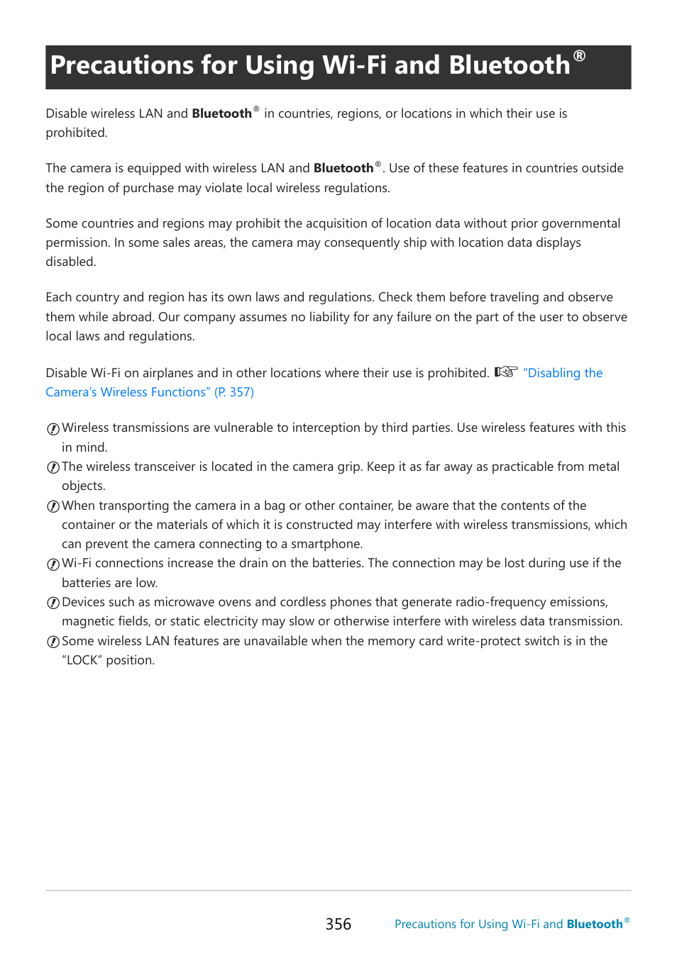 Precautions for using wi‑fi and bluetooth | OM SYSTEM OM-5 Mirrorless Camera with 12-45mm f/4 PRO Lens (Silver) User Manual | Page 356 / 467