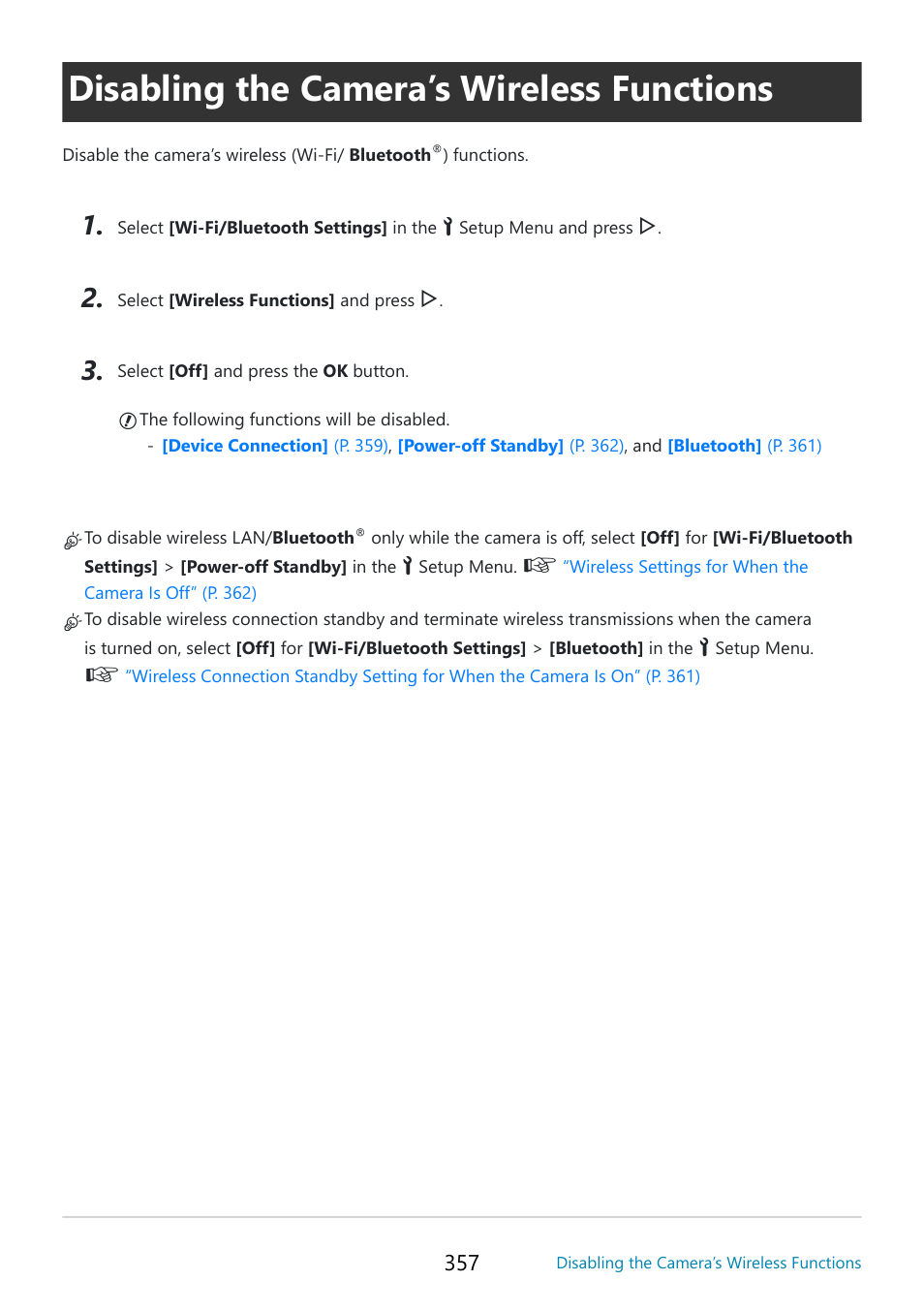 Disabling the camera’s wireless functions, P. 357 | OM SYSTEM OM-5 Mirrorless Camera with 12-45mm f/4 PRO Lens (Silver) User Manual | Page 357 / 467