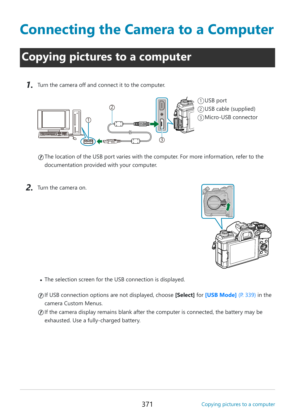 Connecting the camera to a computer, Copying pictures to a computer, P. 371 | E supplied with windows, Copying pictures to, A computer” (p. 371) | OM SYSTEM OM-5 Mirrorless Camera with 12-45mm f/4 PRO Lens (Silver) User Manual | Page 371 / 467