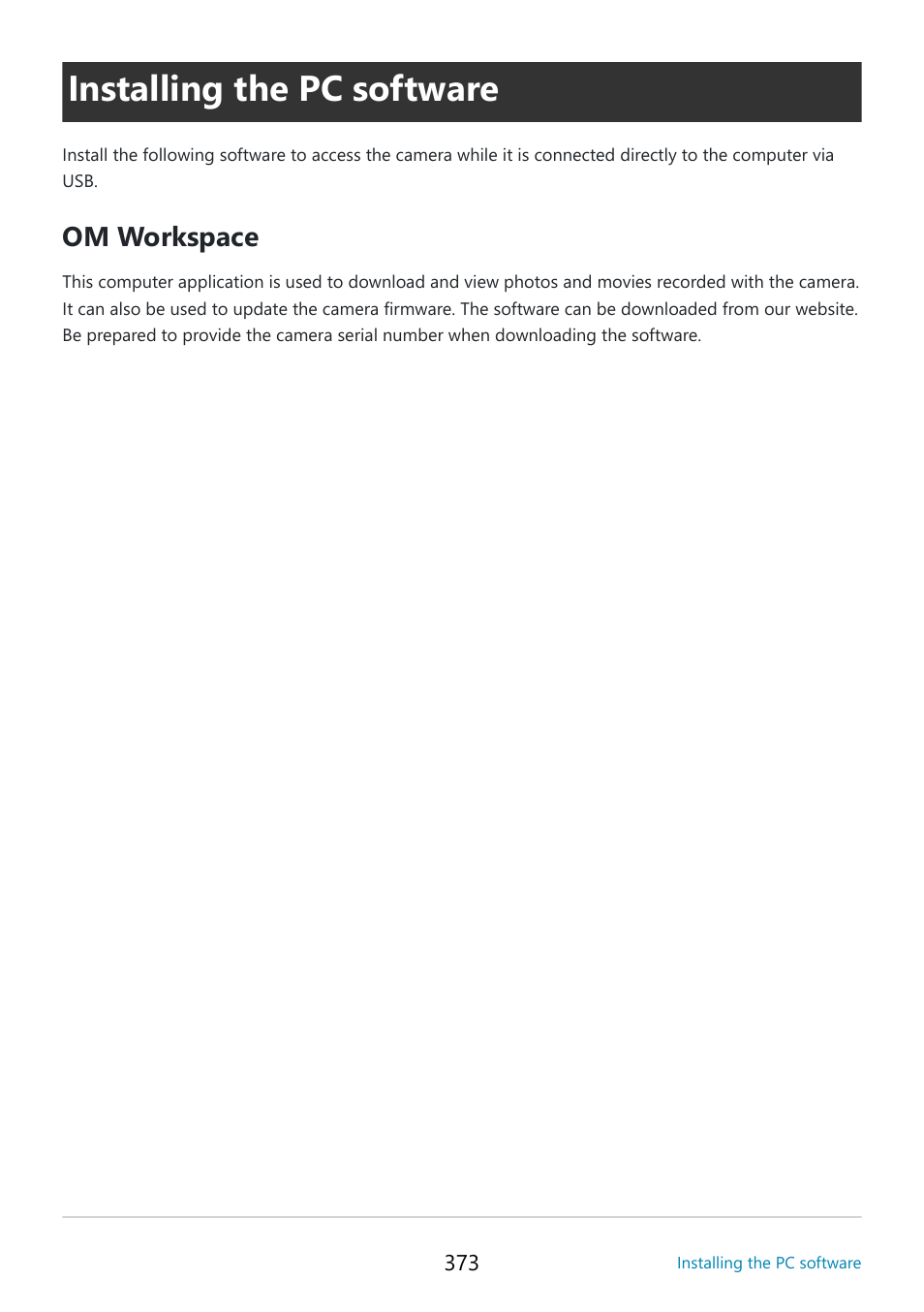 Installing the pc software, Installing the pc software” (p. 373), Om workspace | OM SYSTEM OM-5 Mirrorless Camera with 12-45mm f/4 PRO Lens (Silver) User Manual | Page 373 / 467