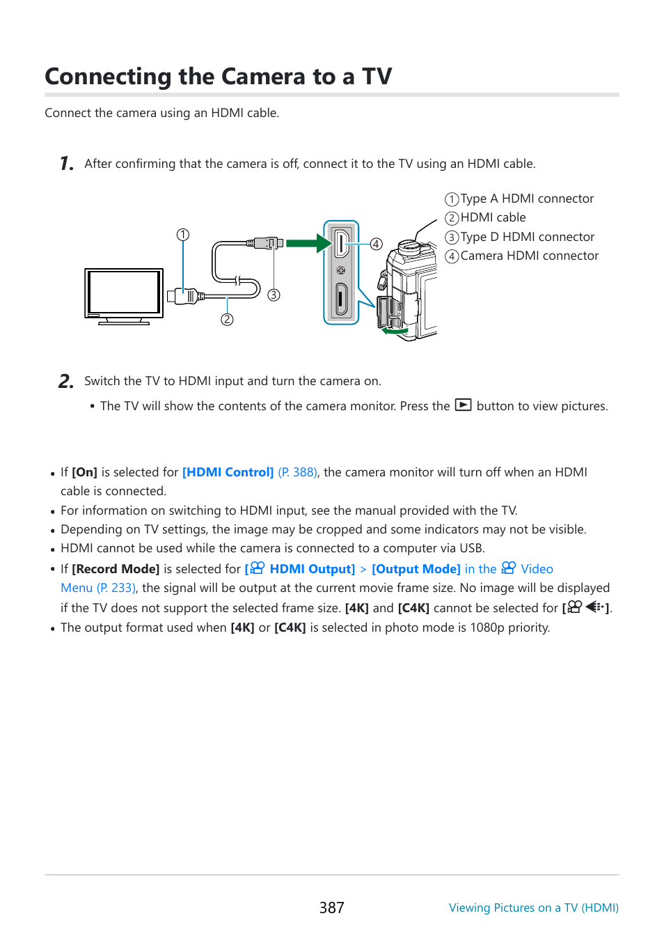 Connecting the camera to a tv | OM SYSTEM OM-5 Mirrorless Camera with 12-45mm f/4 PRO Lens (Silver) User Manual | Page 387 / 467