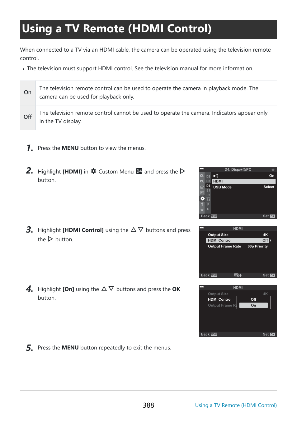 Using a tv remote (hdmi control), Ed for, Hdmi control] (p. 388) | OM SYSTEM OM-5 Mirrorless Camera with 12-45mm f/4 PRO Lens (Silver) User Manual | Page 388 / 467