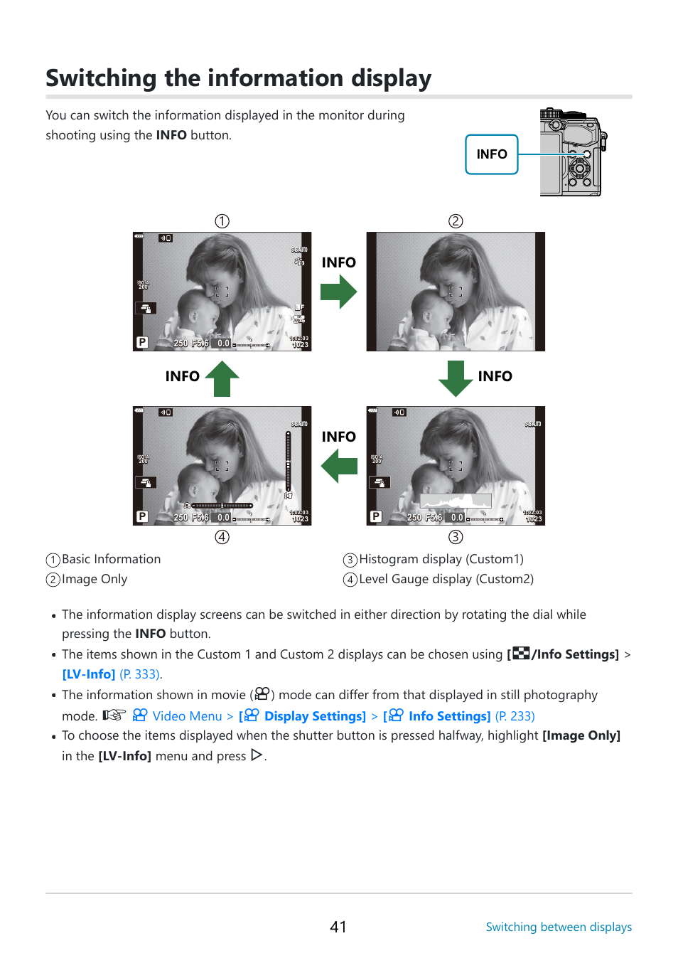 Switching the information display, P. 41, Info | Video menu, Display settings | OM SYSTEM OM-5 Mirrorless Camera with 12-45mm f/4 PRO Lens (Silver) User Manual | Page 41 / 467