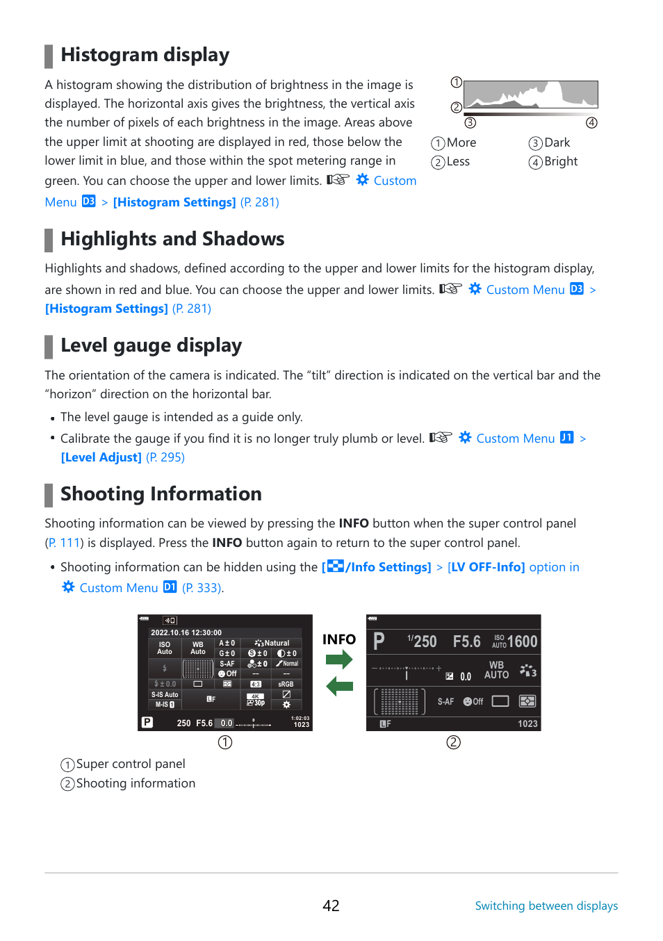 P. 42, Histogram display highlights and shadows, Level gauge display | Shooting information, Info | OM SYSTEM OM-5 Mirrorless Camera with 12-45mm f/4 PRO Lens (Silver) User Manual | Page 42 / 467