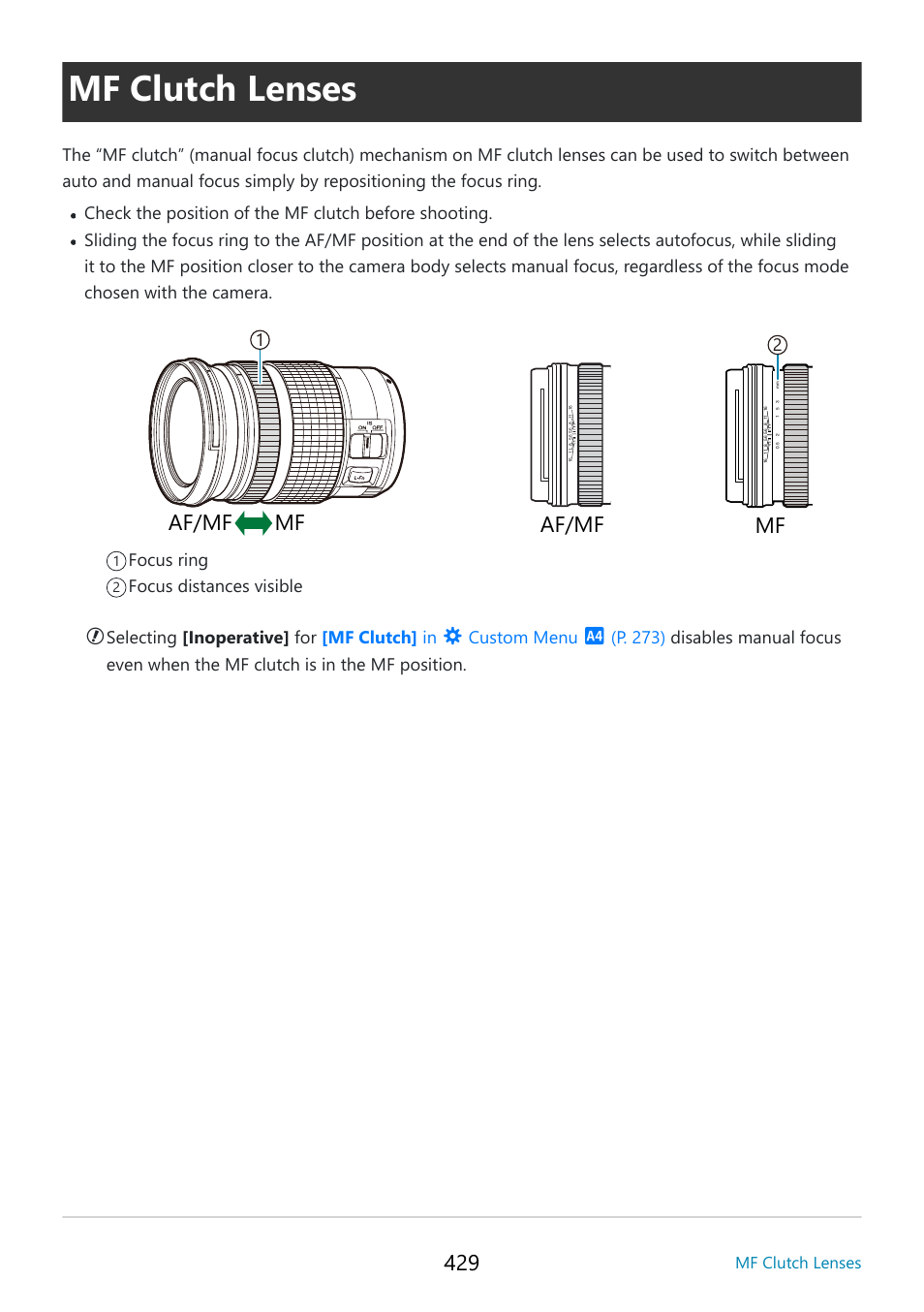 Mf clutch lenses, Mf clutch lenses” (p. 429), P. 429 | Af/mf mf, Af/mf, Custom menu | OM SYSTEM OM-5 Mirrorless Camera with 12-45mm f/4 PRO Lens (Silver) User Manual | Page 429 / 467