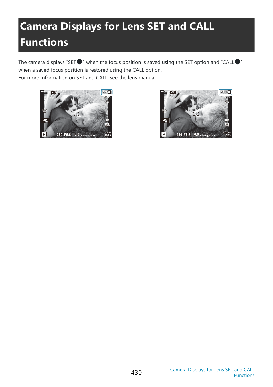 Camera displays for lens set and call functions, T function, P. 430 | Call function, The camera displays “set | OM SYSTEM OM-5 Mirrorless Camera with 12-45mm f/4 PRO Lens (Silver) User Manual | Page 430 / 467