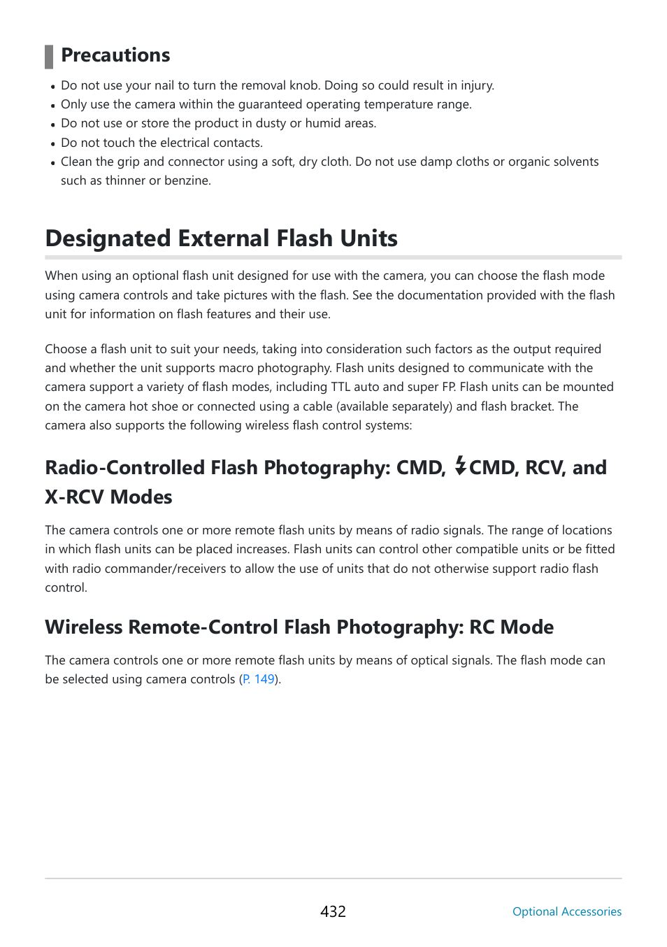 Designated external flash units, P. 432, Precautions | Radio-controlled flash photography: cmd, Cmd, rcv, and x-rcv modes, Wireless remote-control flash photography: rc mode | OM SYSTEM OM-5 Mirrorless Camera with 12-45mm f/4 PRO Lens (Silver) User Manual | Page 432 / 467