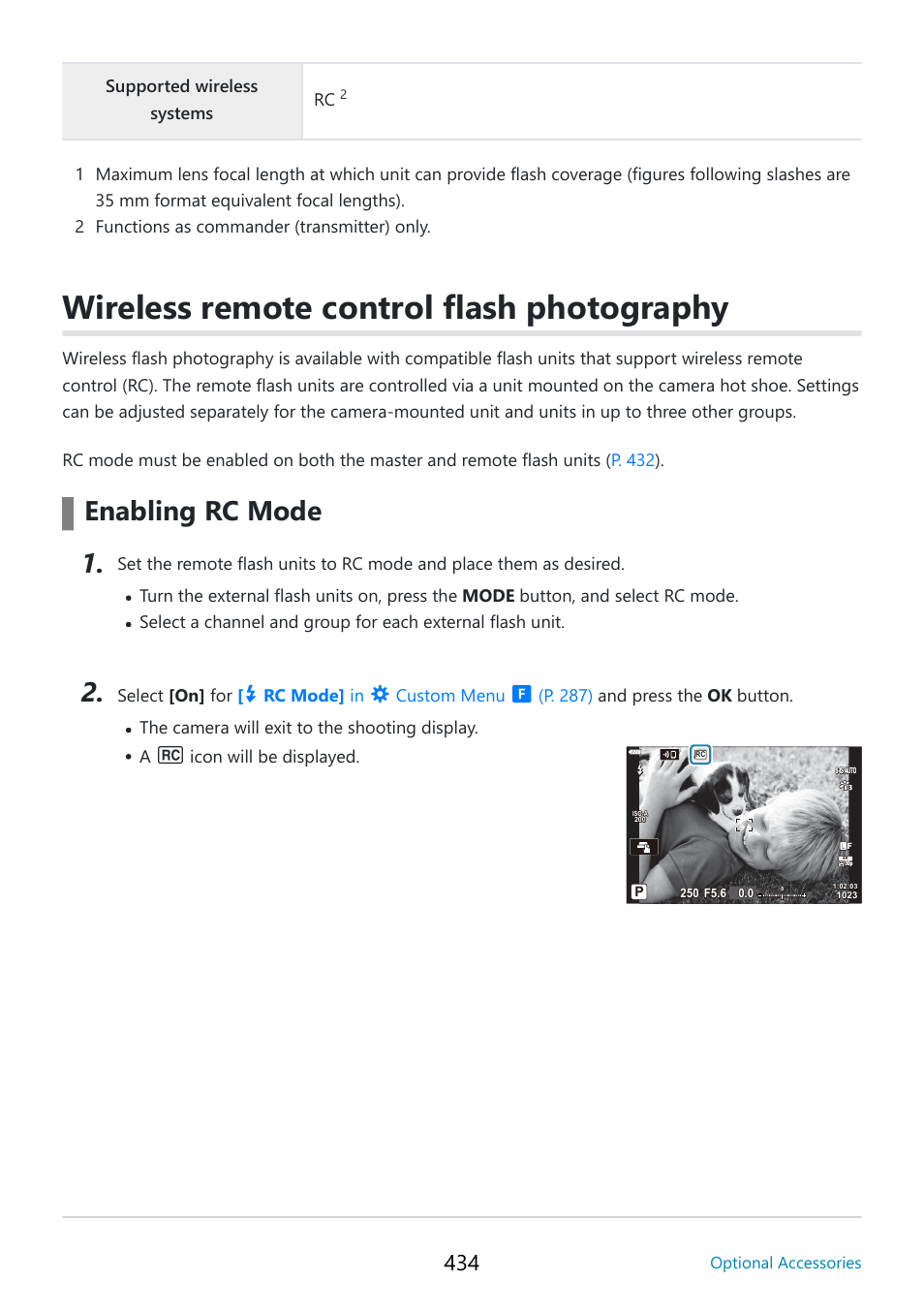 Wireless remote control flash photography, C mode, P. 434 | Ography, Enabling rc mode | OM SYSTEM OM-5 Mirrorless Camera with 12-45mm f/4 PRO Lens (Silver) User Manual | Page 434 / 467