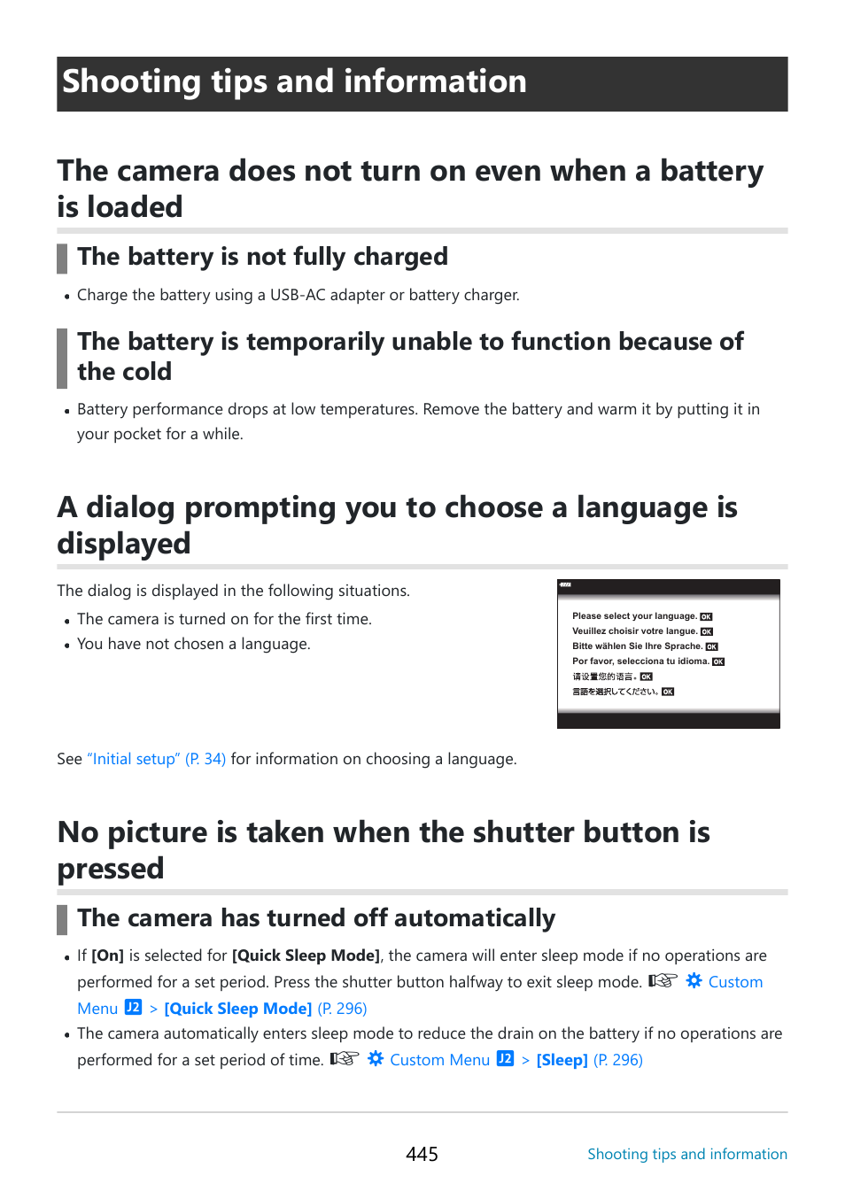 Shooting tips and information, Mation mark will flash, P. 445 | The battery is not fully charged, The camera has turned off automatically | OM SYSTEM OM-5 Mirrorless Camera with 12-45mm f/4 PRO Lens (Silver) User Manual | Page 445 / 467