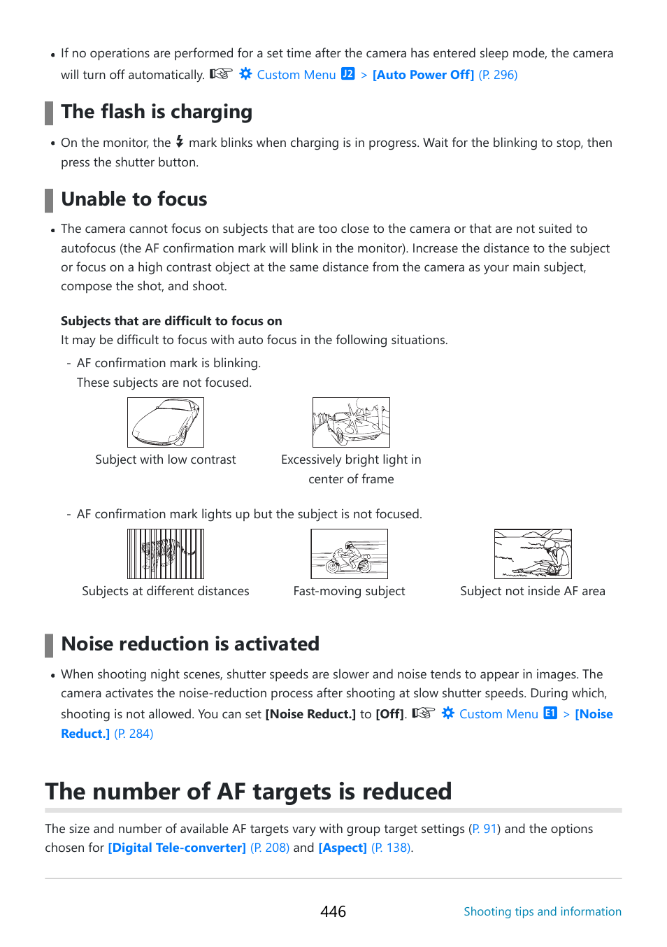 The number of af targets is reduced, The flash is charging, Unable to focus | Noise reduction is activated | OM SYSTEM OM-5 Mirrorless Camera with 12-45mm f/4 PRO Lens (Silver) User Manual | Page 446 / 467