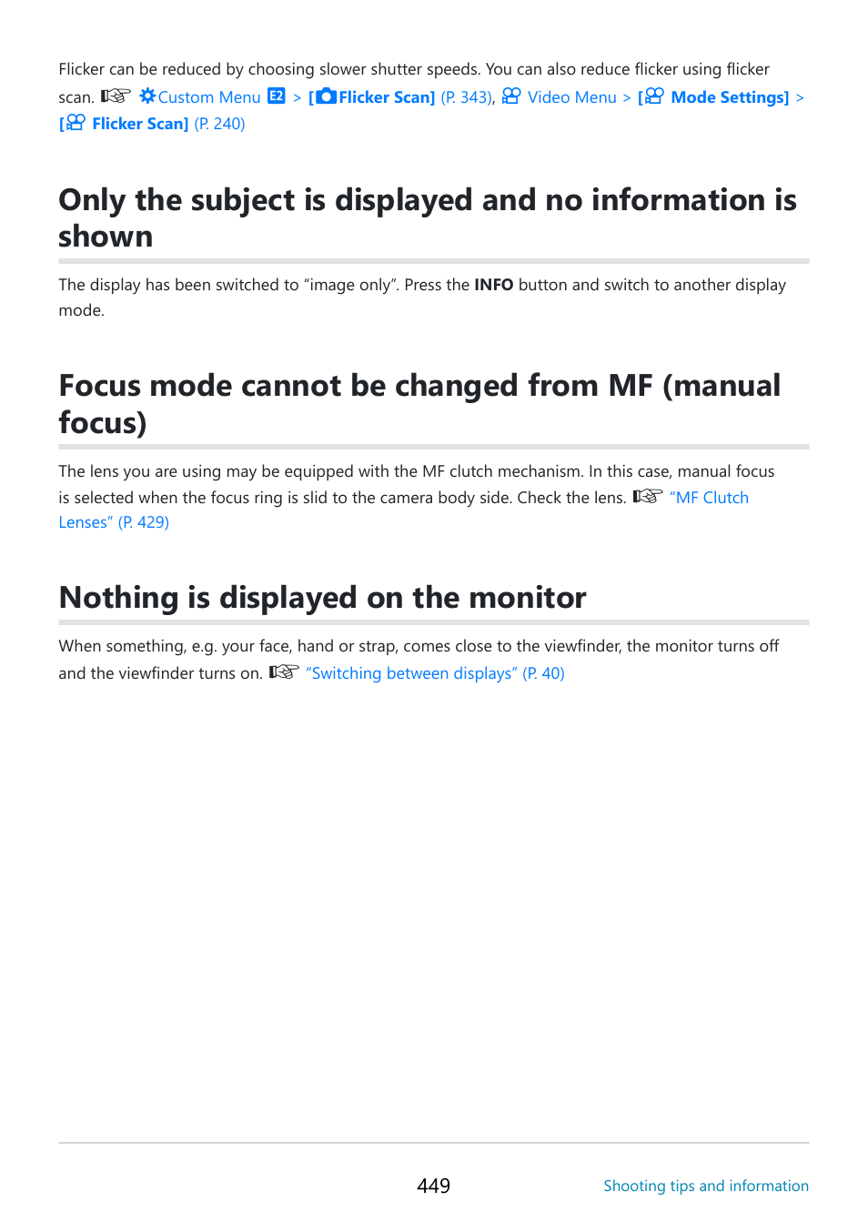 Nothing is displayed on the monitor | OM SYSTEM OM-5 Mirrorless Camera with 12-45mm f/4 PRO Lens (Silver) User Manual | Page 449 / 467