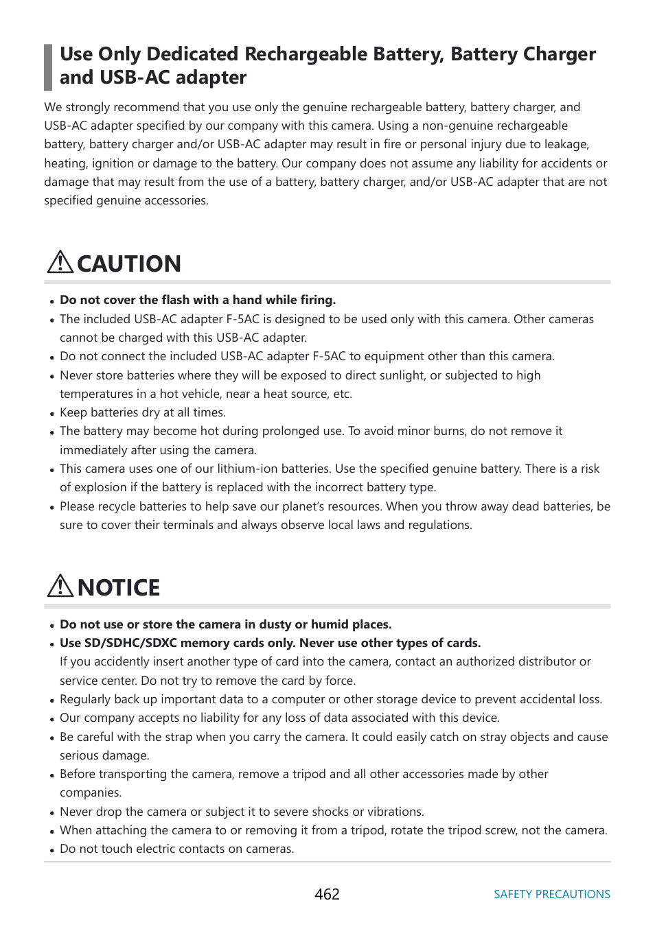 Caution, Notice, Y following the instructions | Caution” (p. 462), In the instruction | OM SYSTEM OM-5 Mirrorless Camera with 12-45mm f/4 PRO Lens (Silver) User Manual | Page 462 / 467