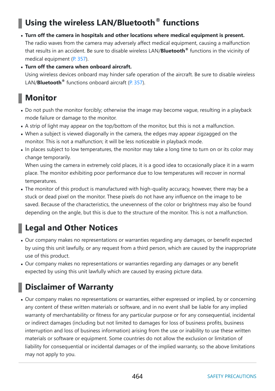 Using the wireless lan/bluetooth, Functions, Monitor | Legal and other notices, Disclaimer of warranty | OM SYSTEM OM-5 Mirrorless Camera with 12-45mm f/4 PRO Lens (Silver) User Manual | Page 464 / 467