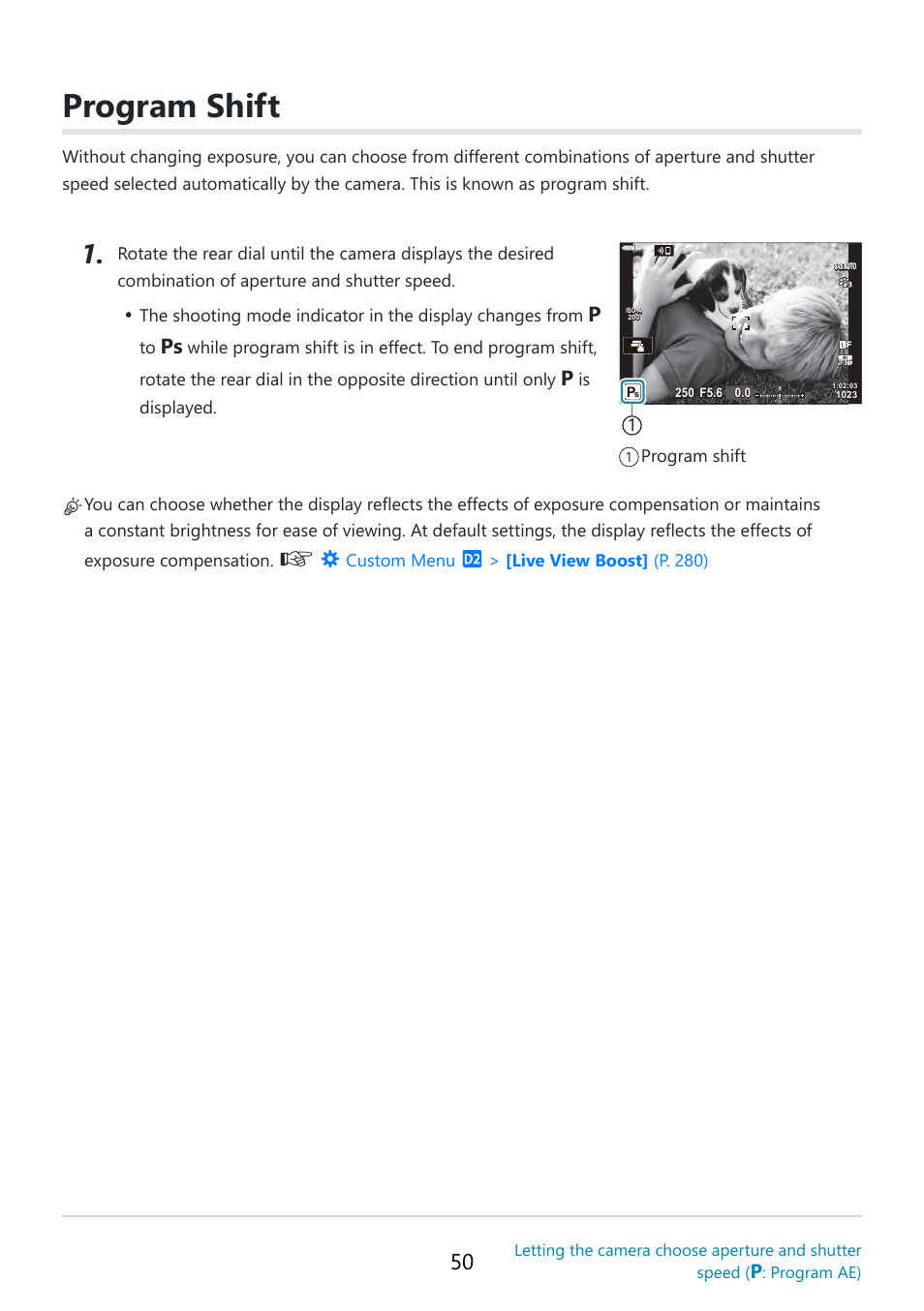 Program shift, P. 50 | OM SYSTEM OM-5 Mirrorless Camera with 12-45mm f/4 PRO Lens (Silver) User Manual | Page 50 / 467