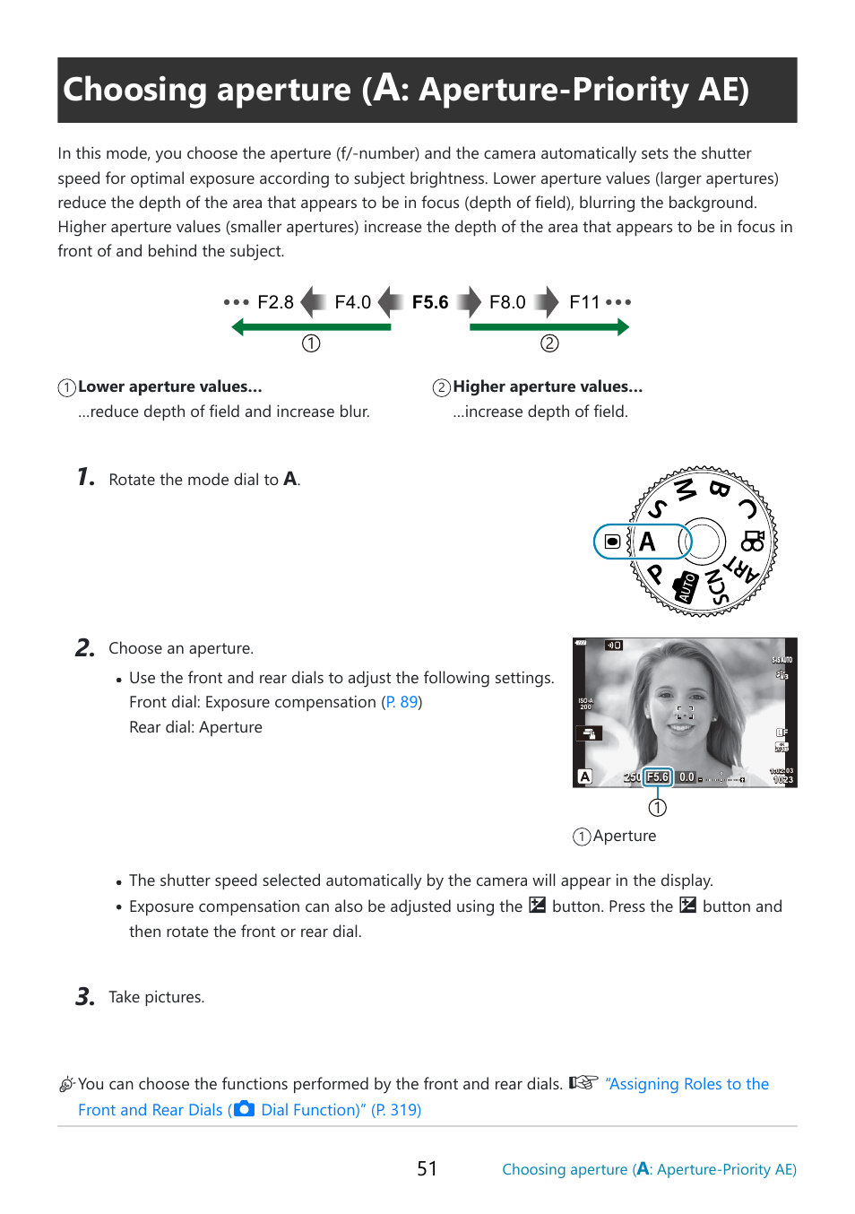 Choosing aperture, Aperture-priority ae), P. 51 | OM SYSTEM OM-5 Mirrorless Camera with 12-45mm f/4 PRO Lens (Silver) User Manual | Page 51 / 467