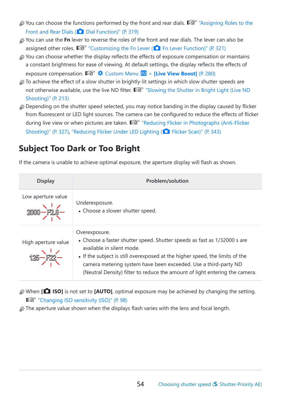 Subject too dark or too bright | OM SYSTEM OM-5 Mirrorless Camera with 12-45mm f/4 PRO Lens (Silver) User Manual | Page 54 / 467