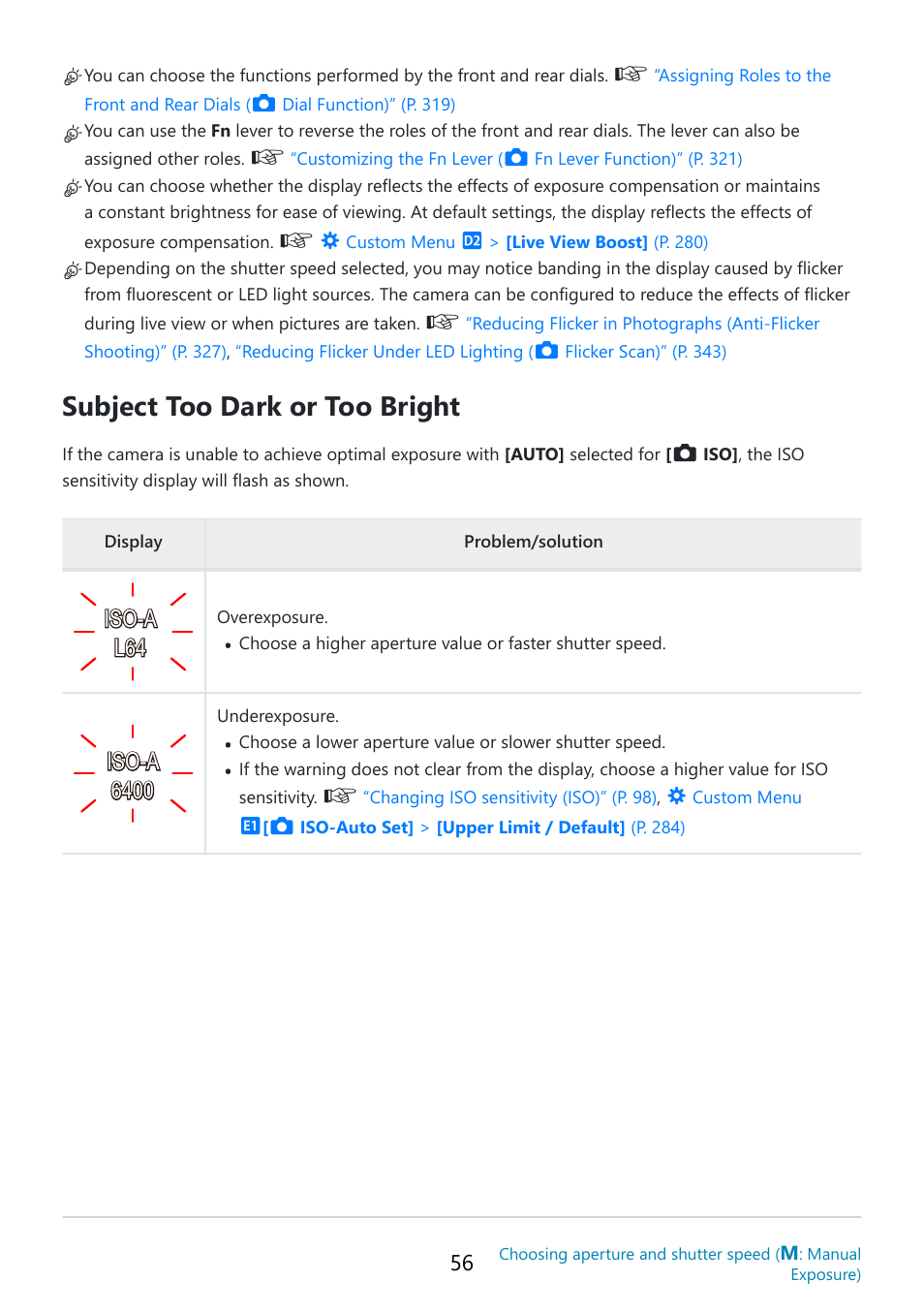 Subject too dark or too bright, Iso-a l64, Iso-a 6400 | OM SYSTEM OM-5 Mirrorless Camera with 12-45mm f/4 PRO Lens (Silver) User Manual | Page 56 / 467