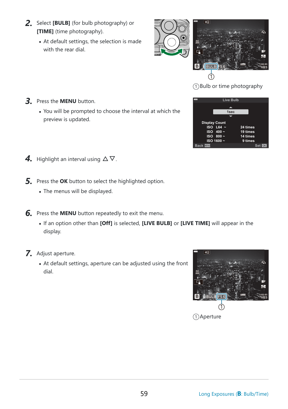 1bulb or time photography, 1aperture, Highlight an interval using | OM SYSTEM OM-5 Mirrorless Camera with 12-45mm f/4 PRO Lens (Silver) User Manual | Page 59 / 467