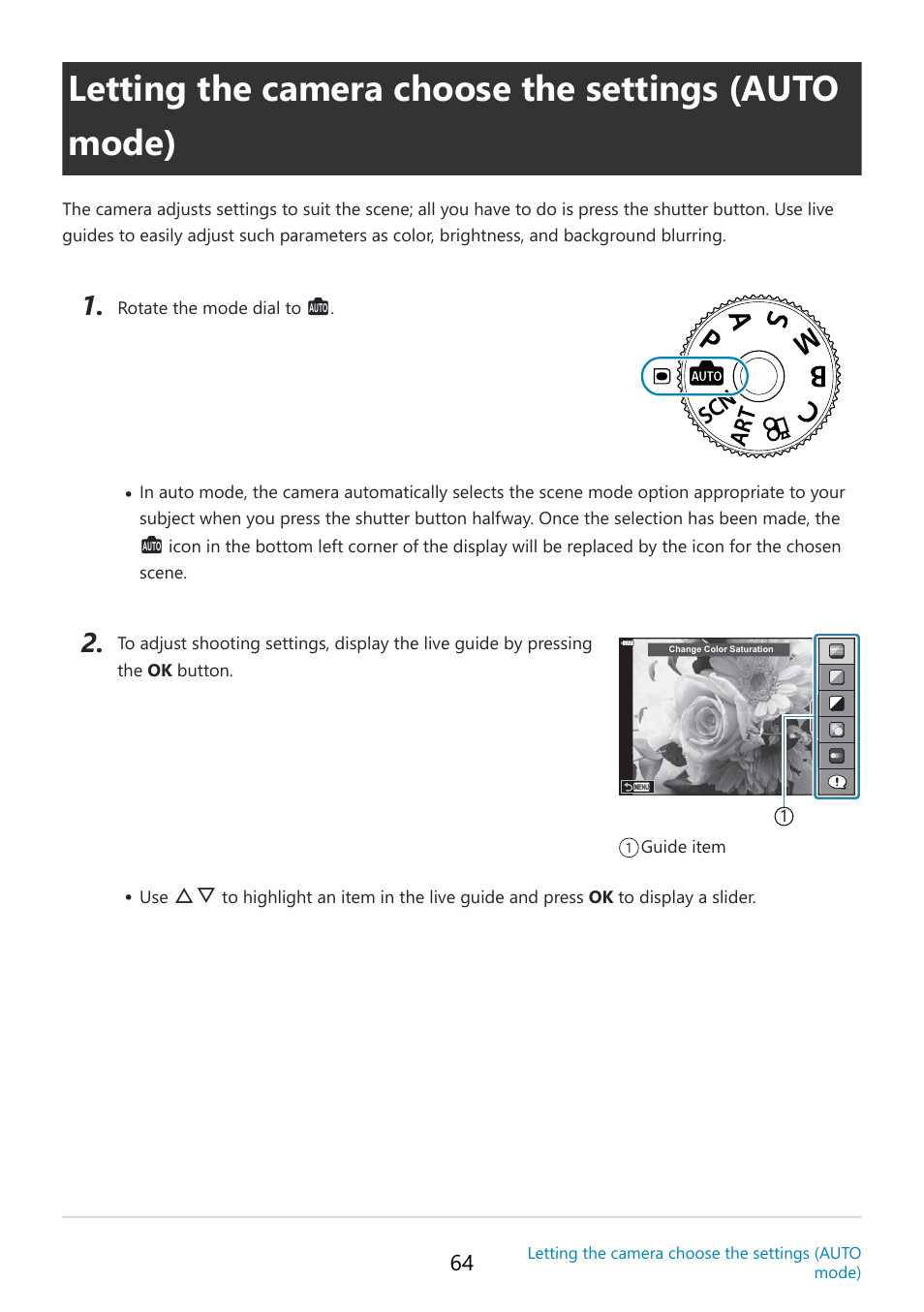 Letting the camera choose the settings (auto mode), P. 64 | OM SYSTEM OM-5 Mirrorless Camera with 12-45mm f/4 PRO Lens (Silver) User Manual | Page 64 / 467