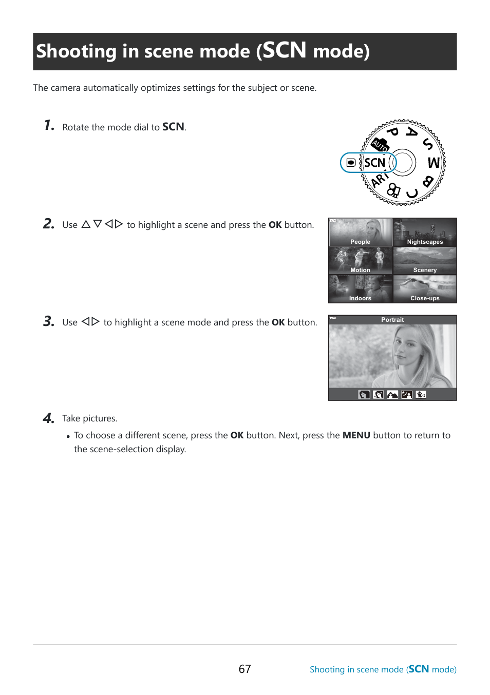 Shooting in scene mode, Mode), Scene | P. 67 | OM SYSTEM OM-5 Mirrorless Camera with 12-45mm f/4 PRO Lens (Silver) User Manual | Page 67 / 467