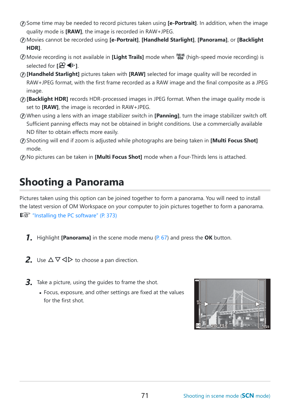 Shooting a panorama, Shooting, A panorama” (p. 71) | OM SYSTEM OM-5 Mirrorless Camera with 12-45mm f/4 PRO Lens (Silver) User Manual | Page 71 / 467