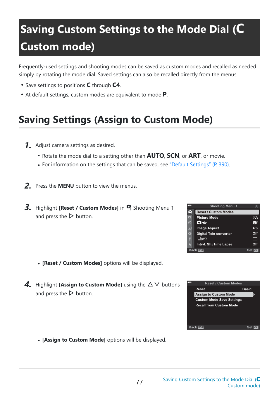 Saving custom settings to the mode dial, Custom mode), Saving settings (assign to custom mode) | P. 77, Auto | OM SYSTEM OM-5 Mirrorless Camera with 12-45mm f/4 PRO Lens (Silver) User Manual | Page 77 / 467