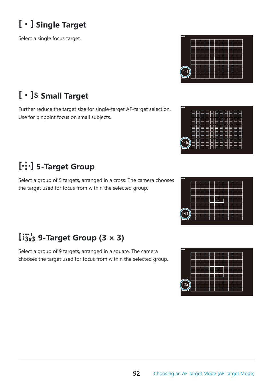 Single target, Small target, Target group | Target group (3 × 3) | OM SYSTEM OM-5 Mirrorless Camera with 12-45mm f/4 PRO Lens (Silver) User Manual | Page 92 / 467