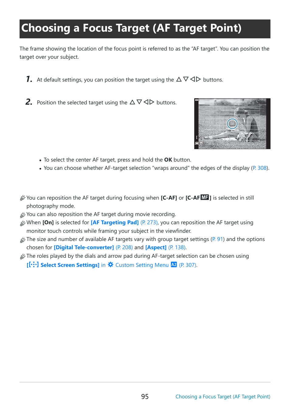 Choosing a focus target (af target point), P. 95, Af target point] (p. 95) | OM SYSTEM OM-5 Mirrorless Camera with 12-45mm f/4 PRO Lens (Silver) User Manual | Page 95 / 467