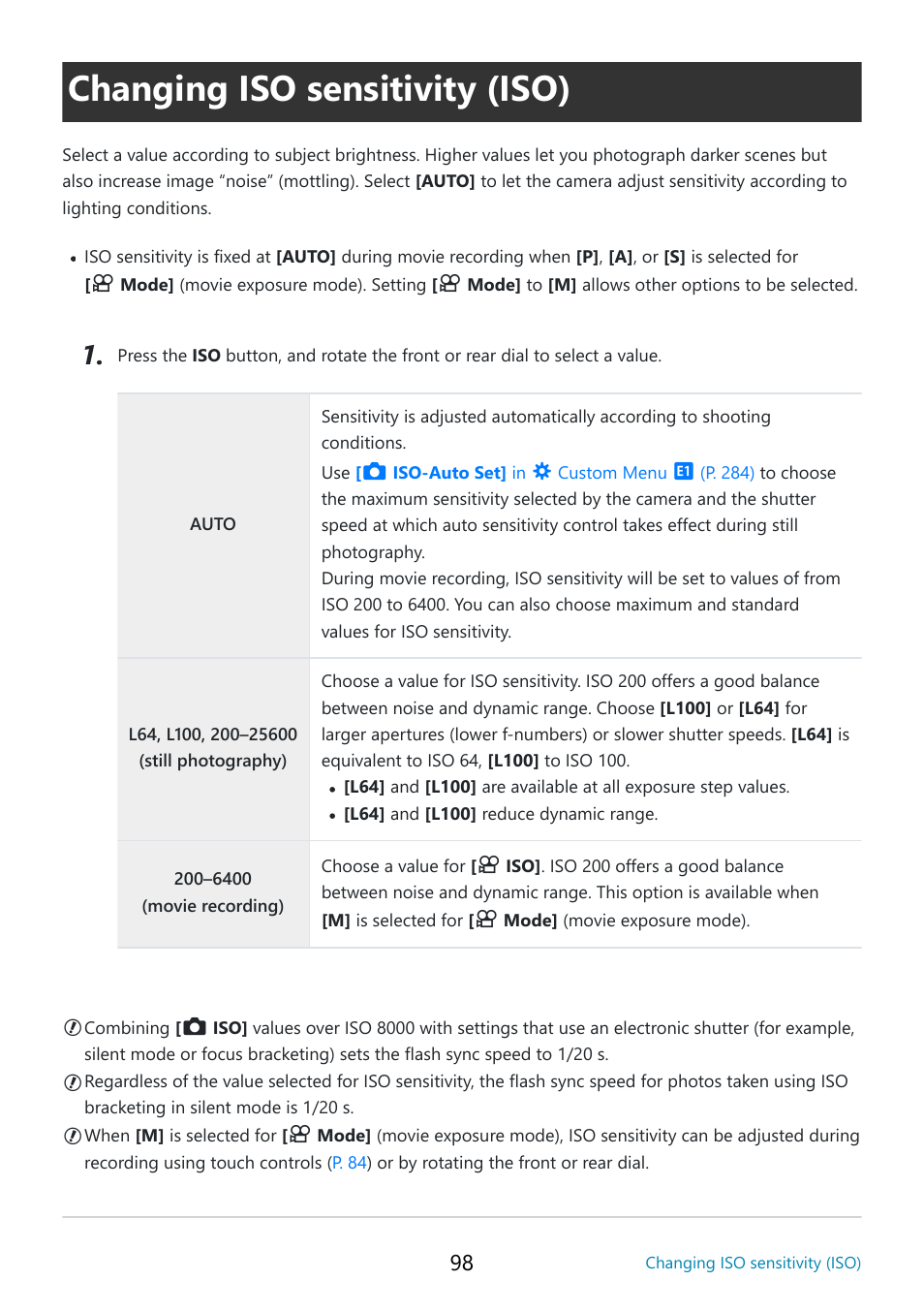 Changing iso sensitivity (iso), P. 98, Iso sensitivity | Changing iso sensitivity (iso)” (p. 98), With, Display, Iso] (p. 98) | OM SYSTEM OM-5 Mirrorless Camera with 12-45mm f/4 PRO Lens (Silver) User Manual | Page 98 / 467