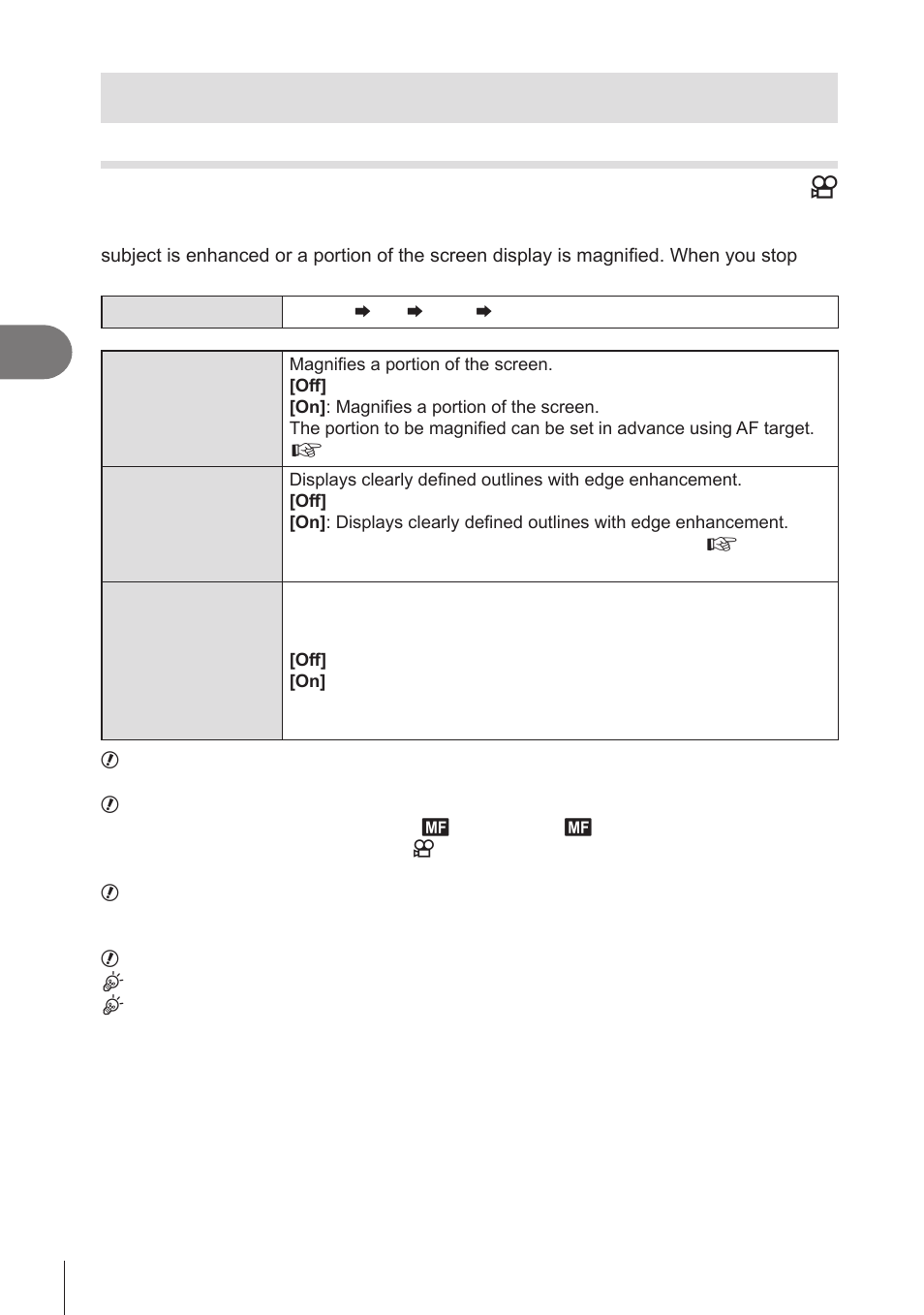 Other functions that are useful when focusing, Manual focus assist (mf assist), P. 102 | Pa s m b, Shooting settings | OM SYSTEM OM-1 Mirrorless Camera User Manual | Page 102 / 342