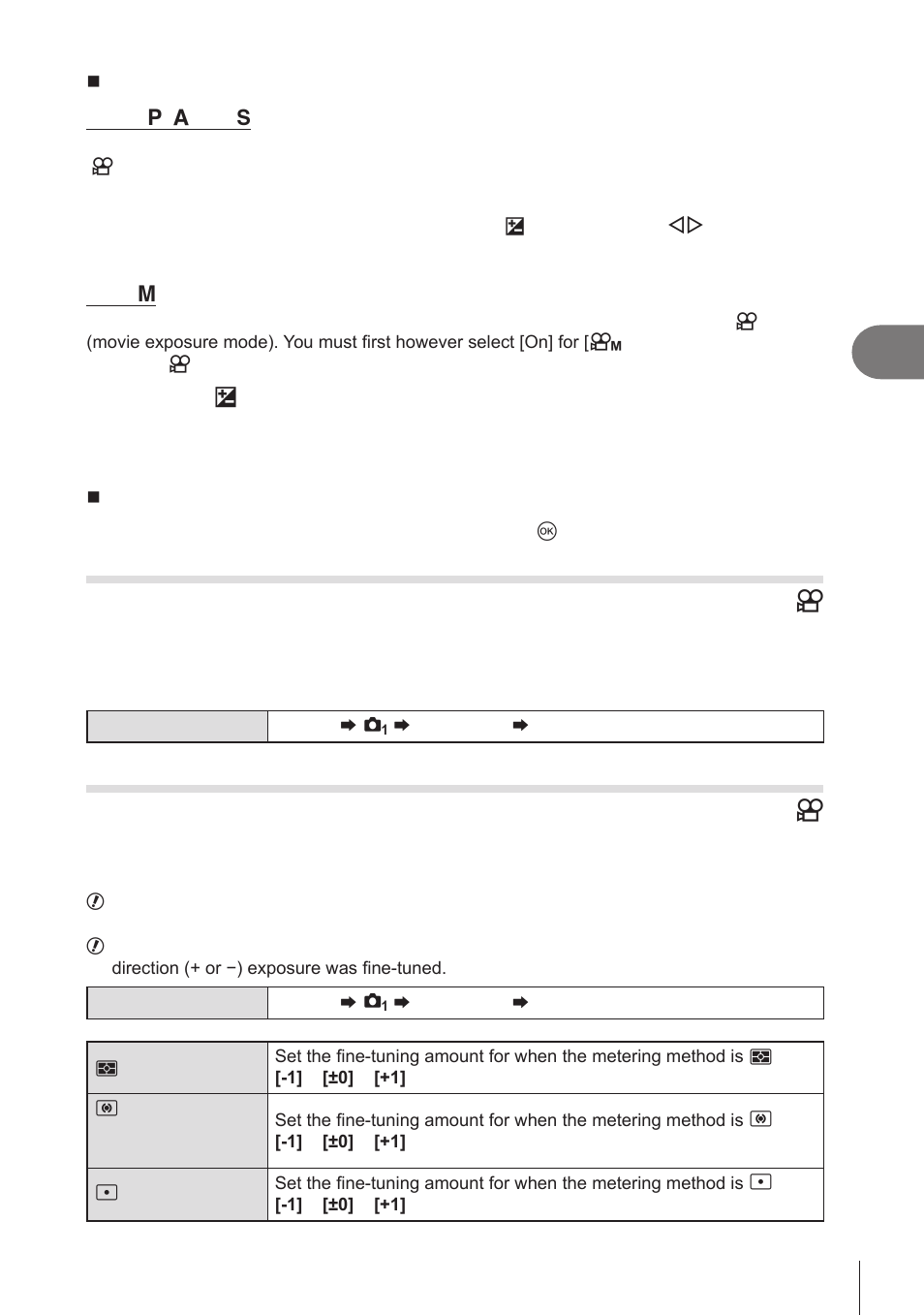 Ev steps for exposure control (ev step), Fine-tuning exposure (exposure shift), Pa s m b | Shooting settings | OM SYSTEM OM-1 Mirrorless Camera User Manual | Page 107 / 342