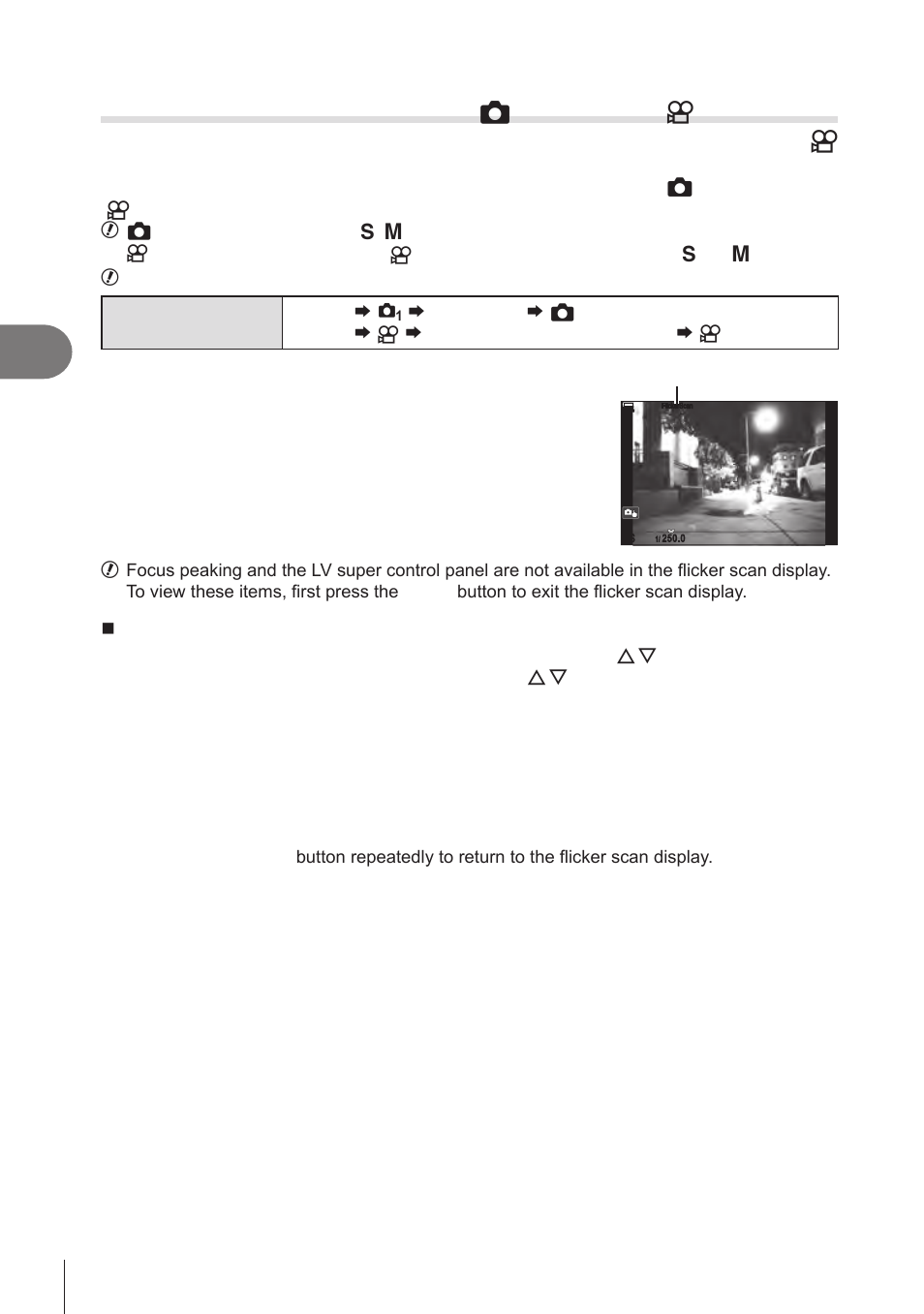 Reducing flicker under led lighting, Flicker scan, Flicker scan) | P. 108, Flicker scan)” (p. 108), Pa s m b, Shooting settings | OM SYSTEM OM-1 Mirrorless Camera User Manual | Page 108 / 342