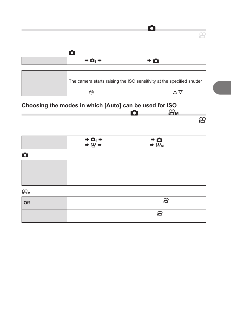 Iso-a lowest s/s), Iso-auto, Iso-auto) | Iso-auto] (p. 115) and, Lowest s/s] (p. 115)), Raises iso sensitivity, Iso-a lowest s/s)” (p. 115), Pa s m b, Shooting settings | OM SYSTEM OM-1 Mirrorless Camera User Manual | Page 115 / 342