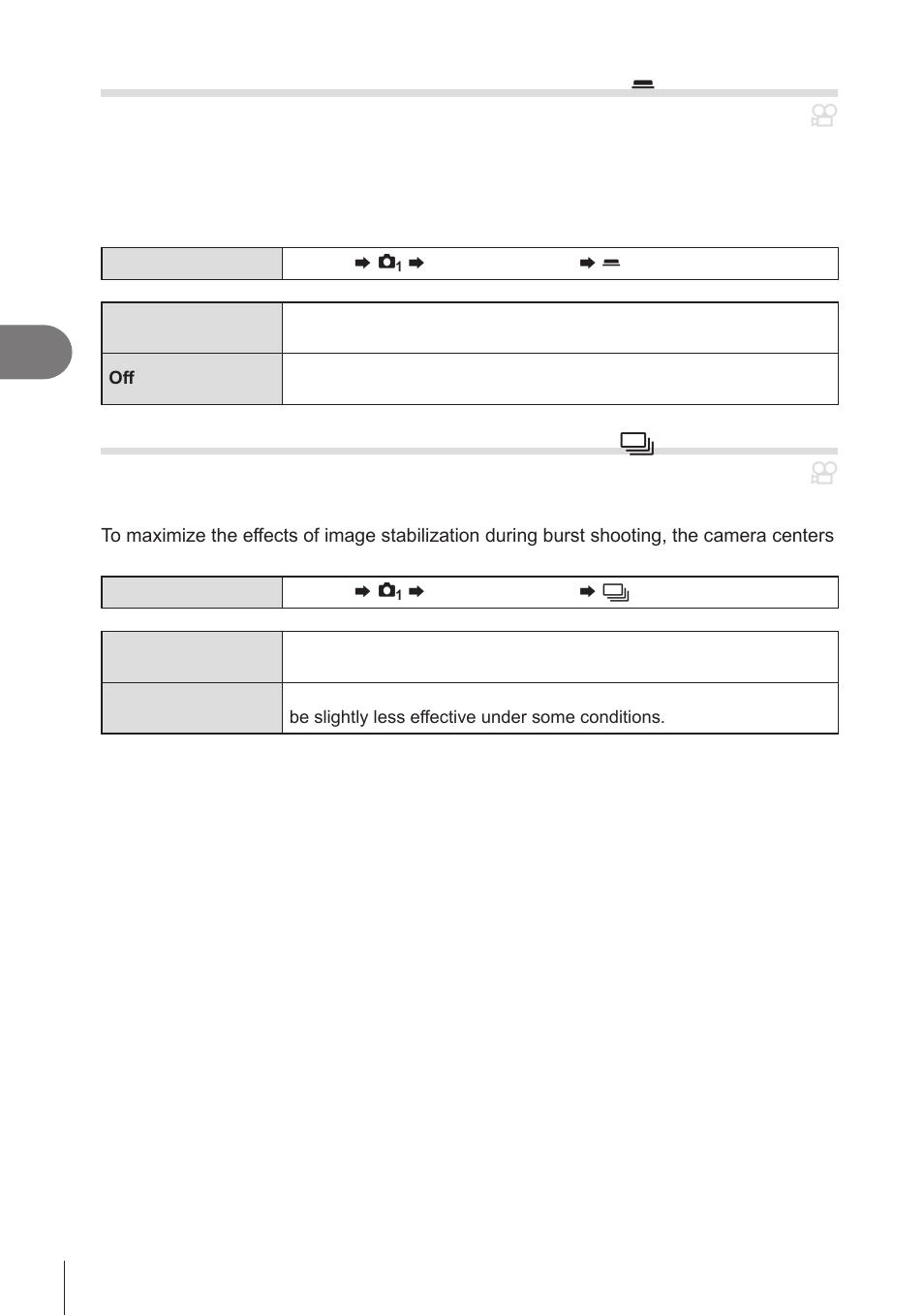 Half-press image stabilization, Image stabilizer), Burst mode image stabilization | Image stabilizer)” (p. 138), Pa s m b | OM SYSTEM OM-1 Mirrorless Camera User Manual | Page 138 / 342