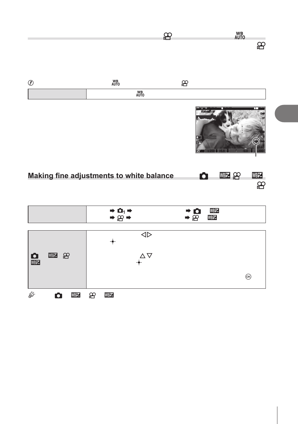 Locking the white balance in movie mode, Button function, Lock) | Making fine adjustments to white, Balance, P. 153, Pa s m b, Shooting settings, 153 en, P. 208 | OM SYSTEM OM-1 Mirrorless Camera User Manual | Page 153 / 342