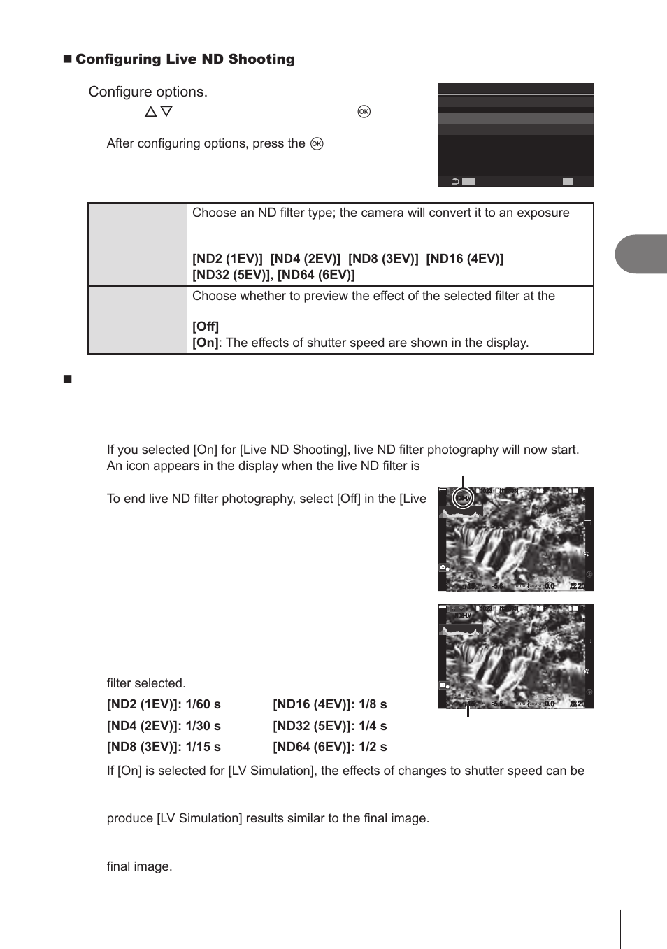 Shooting settings, 159 en, Configure options | Configuring live nd shooting, Shooting, Live nd shooting, Shutter speed | OM SYSTEM OM-1 Mirrorless Camera User Manual | Page 159 / 342