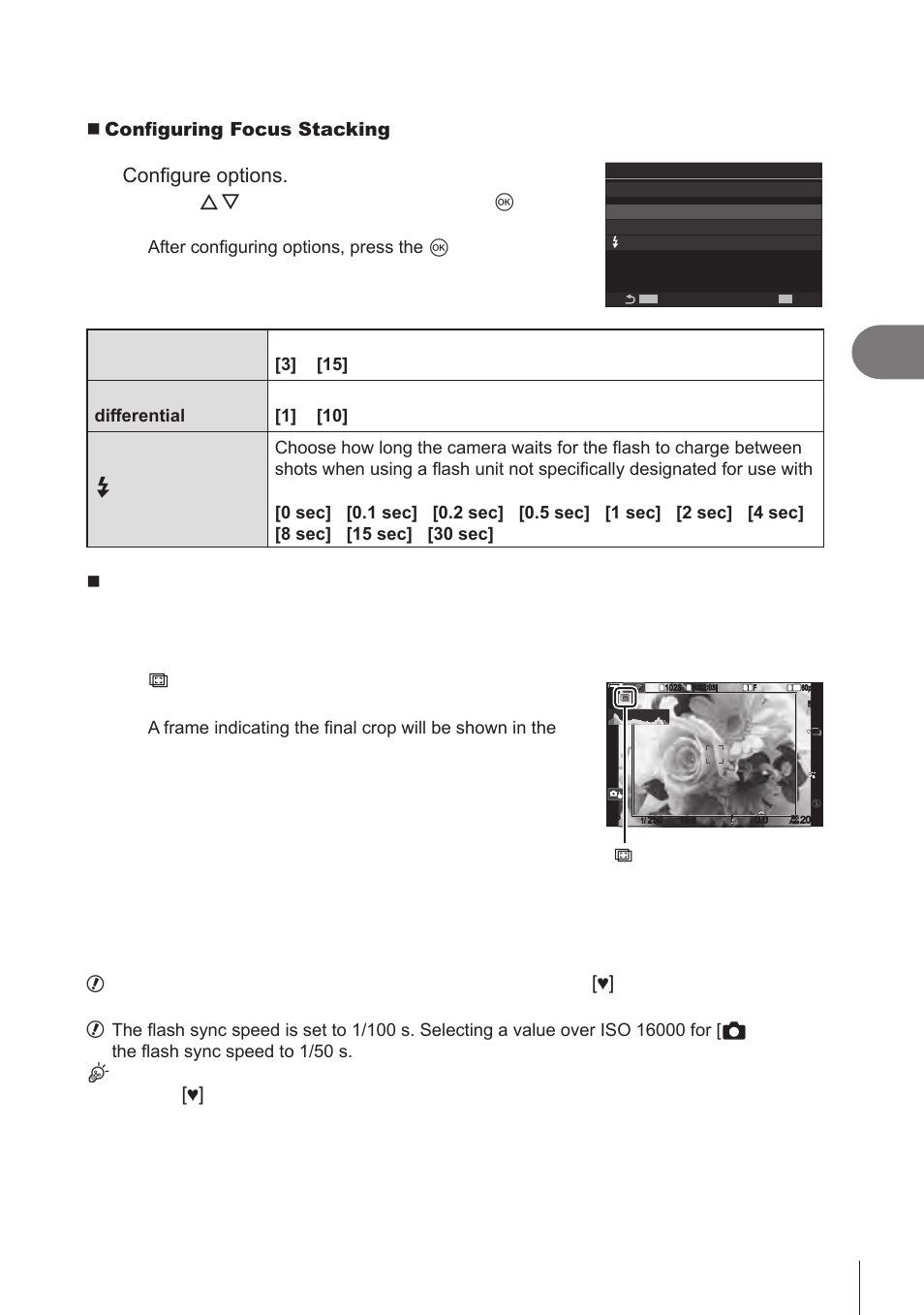 Shooting settings, 161 en, Configure options | Take pictures, Configuring focus stacking, Shooting | OM SYSTEM OM-1 Mirrorless Camera User Manual | Page 161 / 342