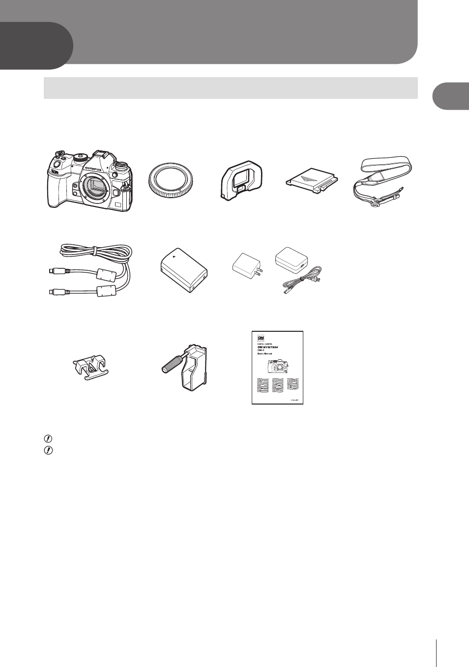 Preparation, Preparation 17, Unpacking the box contents | OM SYSTEM OM-1 Mirrorless Camera User Manual | Page 17 / 342
