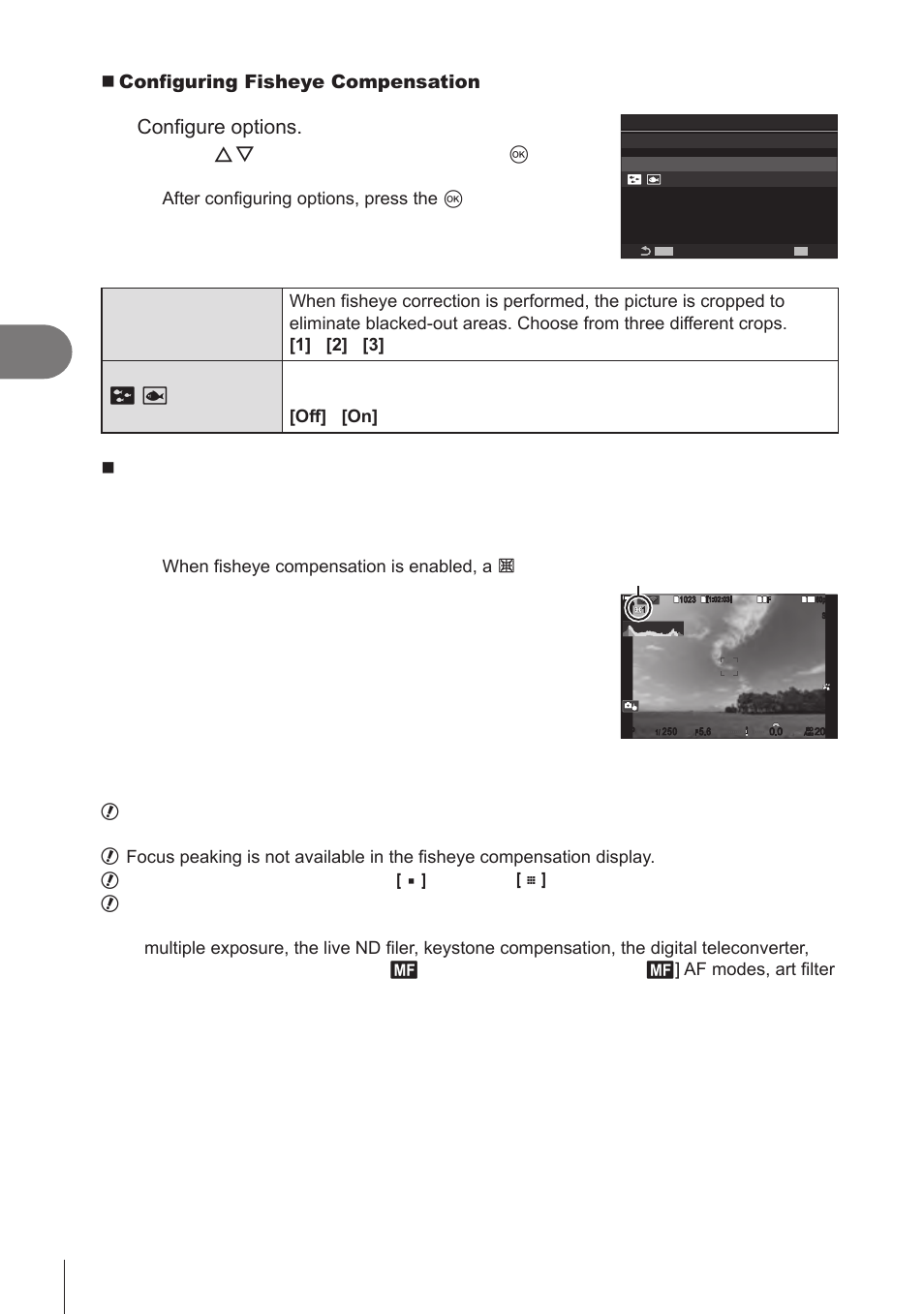 Shooting settings, 172 en, Configure options | Take pictures, Configuring fisheye compensation, Shooting | OM SYSTEM OM-1 Mirrorless Camera User Manual | Page 172 / 342