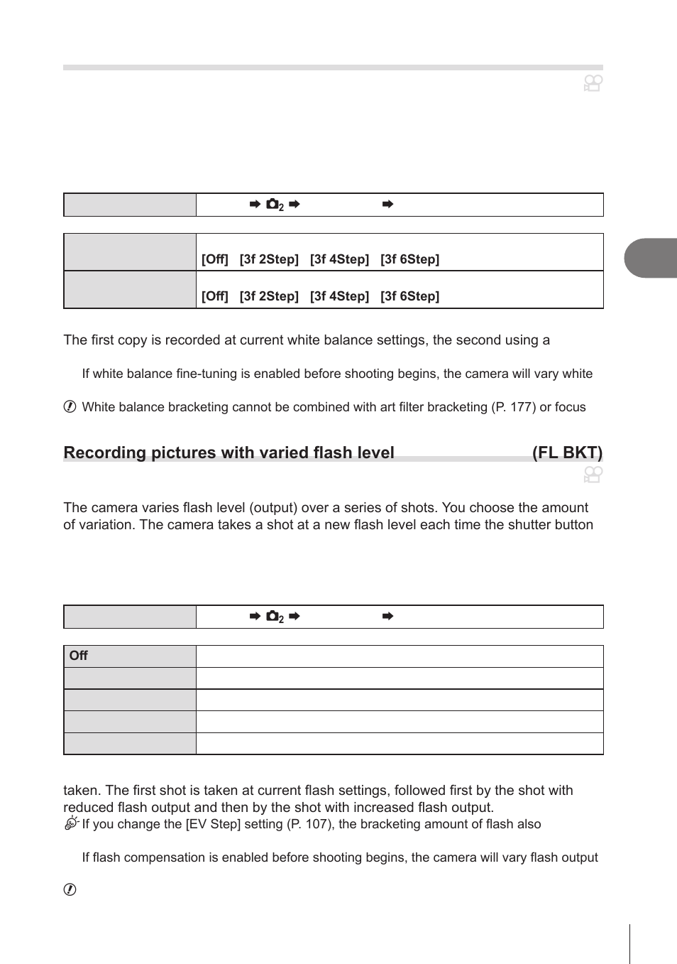 Recording pictures with varied, Flash level (fl bkt), P. 175 | Pa s m b, Shooting settings | OM SYSTEM OM-1 Mirrorless Camera User Manual | Page 175 / 342