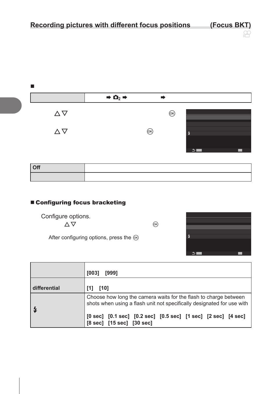 Recording pictures with different, Focus positions (focus bkt), P. 178 | Bracketing (p. 178) is 1/100 s. setting, Bracketing (p. 178), Pa s m b, Shooting settings | OM SYSTEM OM-1 Mirrorless Camera User Manual | Page 178 / 342