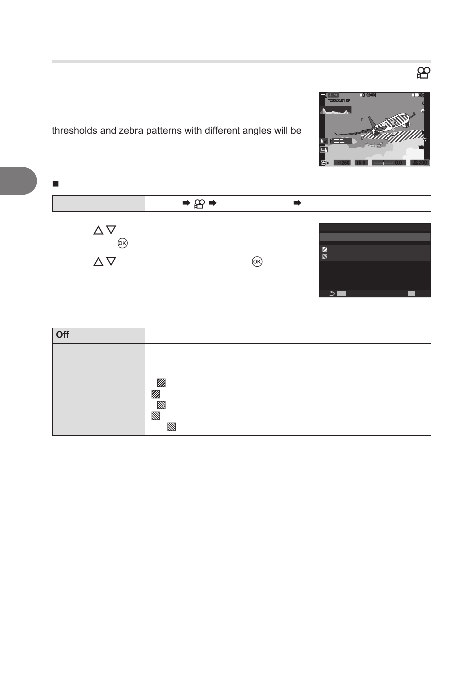 Pa s m b, Shooting settings, 184 en | Use fg to select [on] and press the q button, Displaying zebra patterns, Zebra pattern settings setting screen | OM SYSTEM OM-1 Mirrorless Camera User Manual | Page 184 / 342