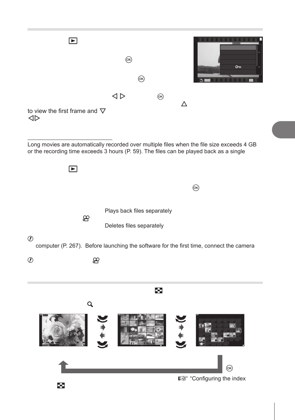 Watching movies, Playing back separated, Movies” (p. 189) | Hi h i, Playback, 189 en, Press the q button, Select a movie and press the q button, Select [play movie] and press the q button, The most recent picture will be displayed | OM SYSTEM OM-1 Mirrorless Camera User Manual | Page 189 / 342