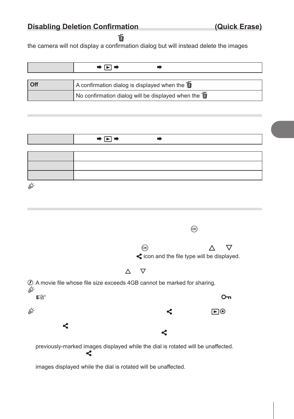 Disabling deletion confirmation, Quick erase), Raw+jpeg deletion options (raw+jpeg erase) | Selecting pictures for sharing (share order), P. 195, Selecting pictures, For sharing (share order)” (p. 195), Disabling deletion, Confirmation (quick erase)” (p. 195), Raw+jpeg | OM SYSTEM OM-1 Mirrorless Camera User Manual | Page 195 / 342