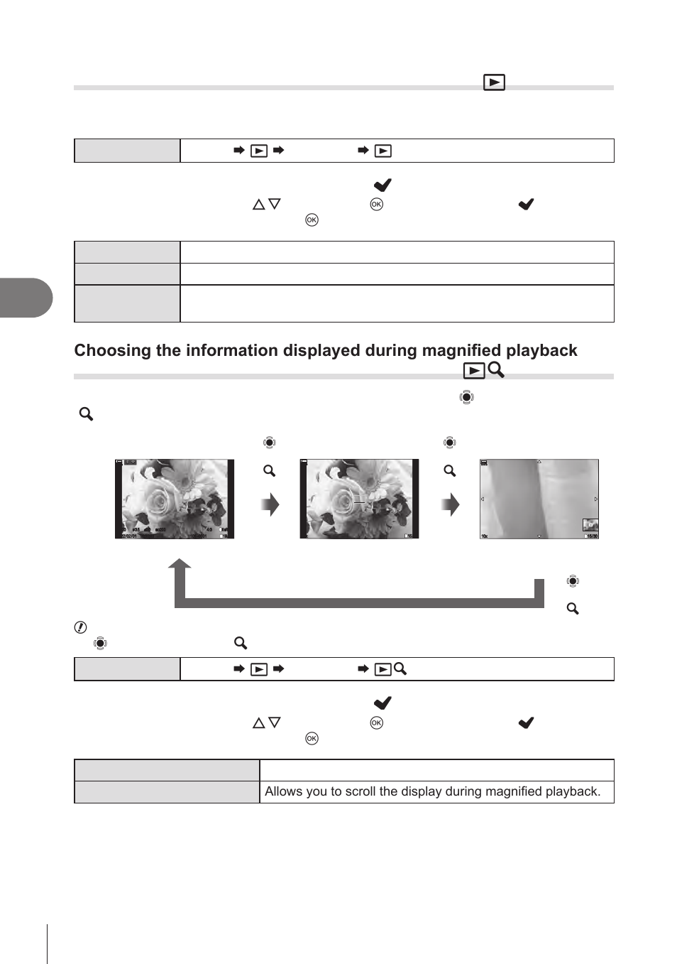 Choosing the information displayed during playback, Info settings), Choosing the information | Displayed during magnified, Playback, Choosing the, Information displayed during playback, Info settings)” (p. 206), Information displayed during magnified playback, 206 en | OM SYSTEM OM-1 Mirrorless Camera User Manual | Page 206 / 342