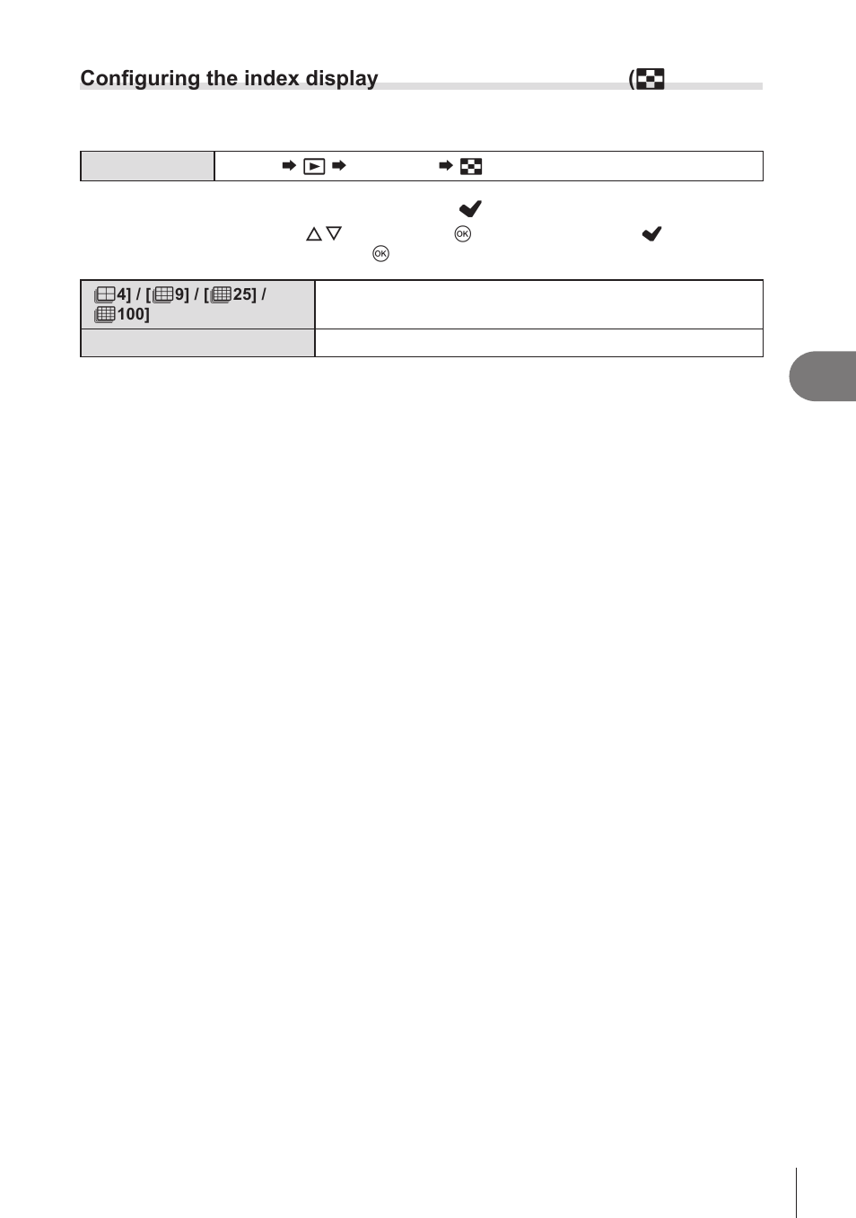 Configuring the index display, Settings), Configuring the index | Display, Settings)” (p. 207), Configuring the, Index display, Playback, Configuring the index display ( g settings) | OM SYSTEM OM-1 Mirrorless Camera User Manual | Page 207 / 342