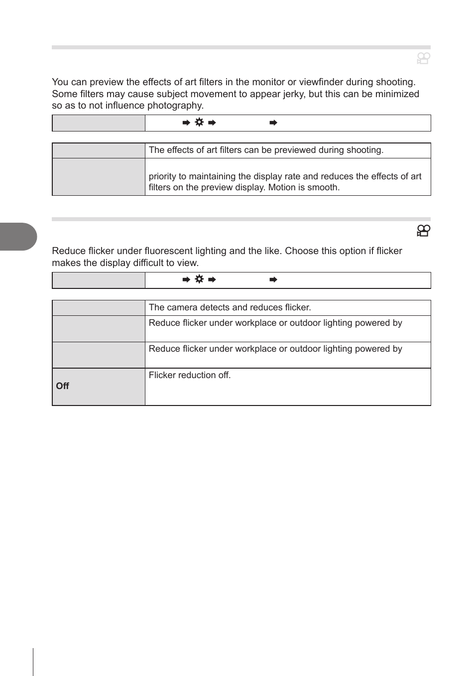 Art filter preview (art lv mode), Reducing flicker in live view (anti-flicker lv), Pa s m b | Customizing the camera | OM SYSTEM OM-1 Mirrorless Camera User Manual | Page 226 / 342